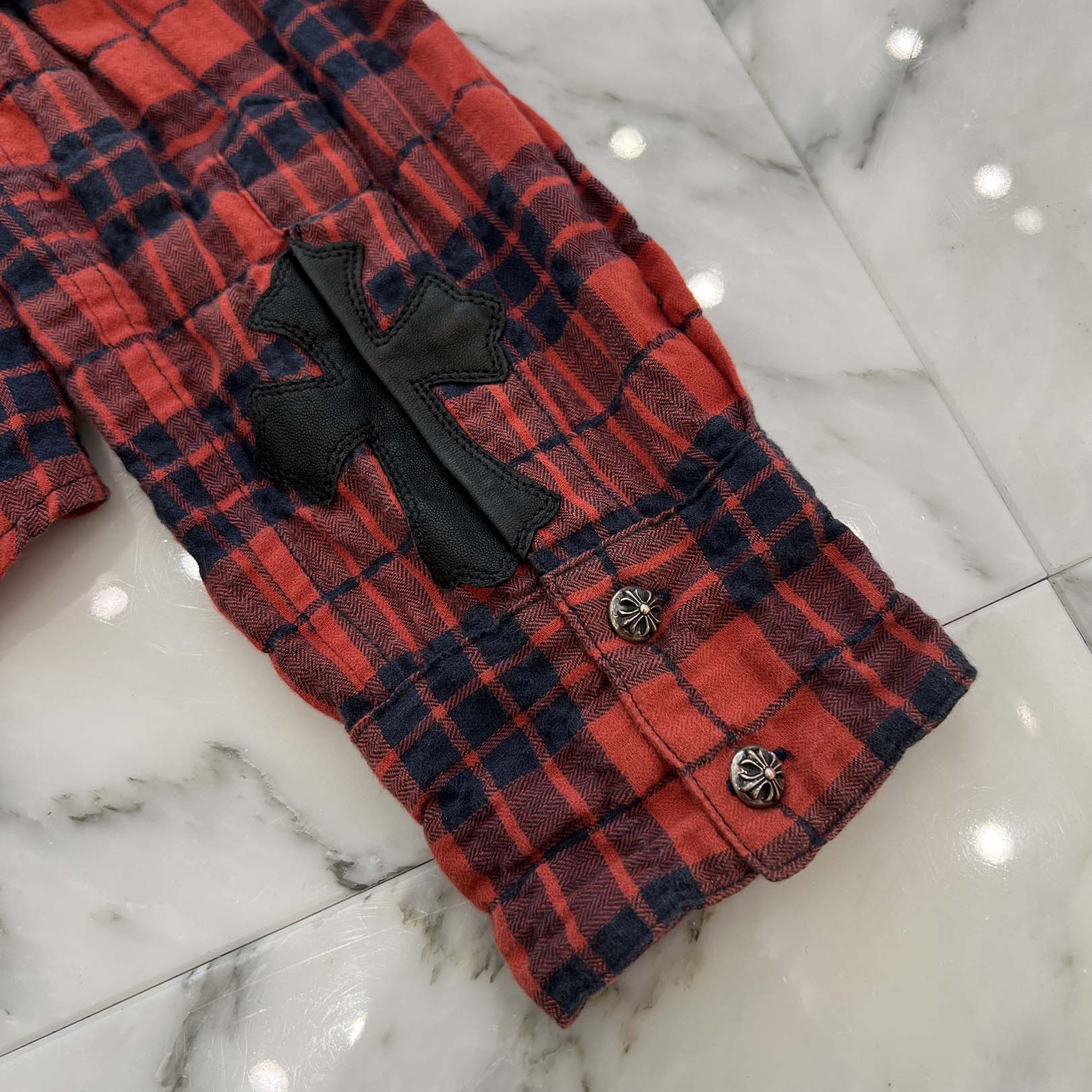 CHROME HEARTS Cross Ball Button Leather Cross Patch Check Shirt