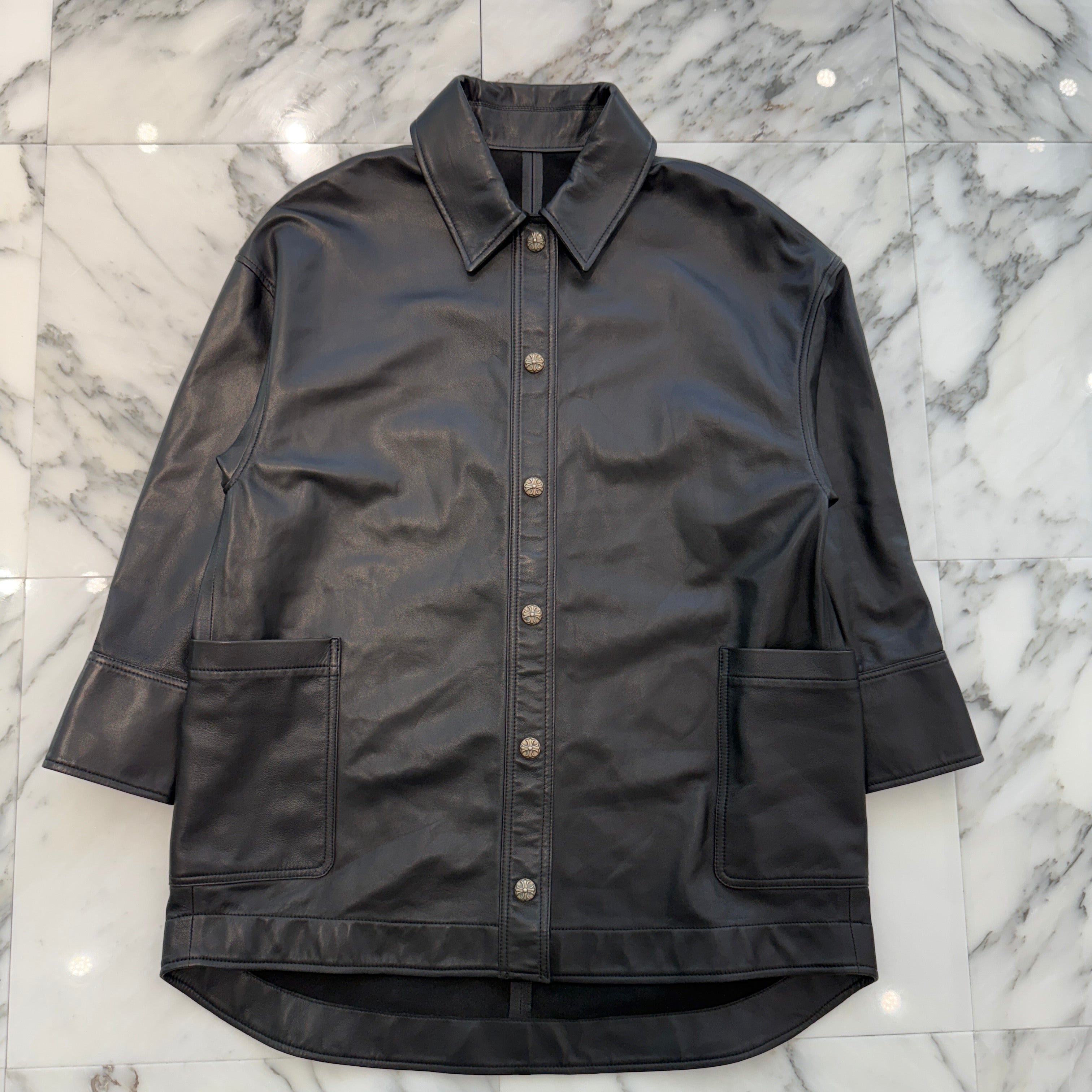 CHROME HEARTS CH Plus Cross Ball Button Sheep Skin Soft Leather Shirt Jacket Size XS クロムハーツ CHプラス クロスボールボタン シープスキン ソフトレザー シャツジャケット サイズXS