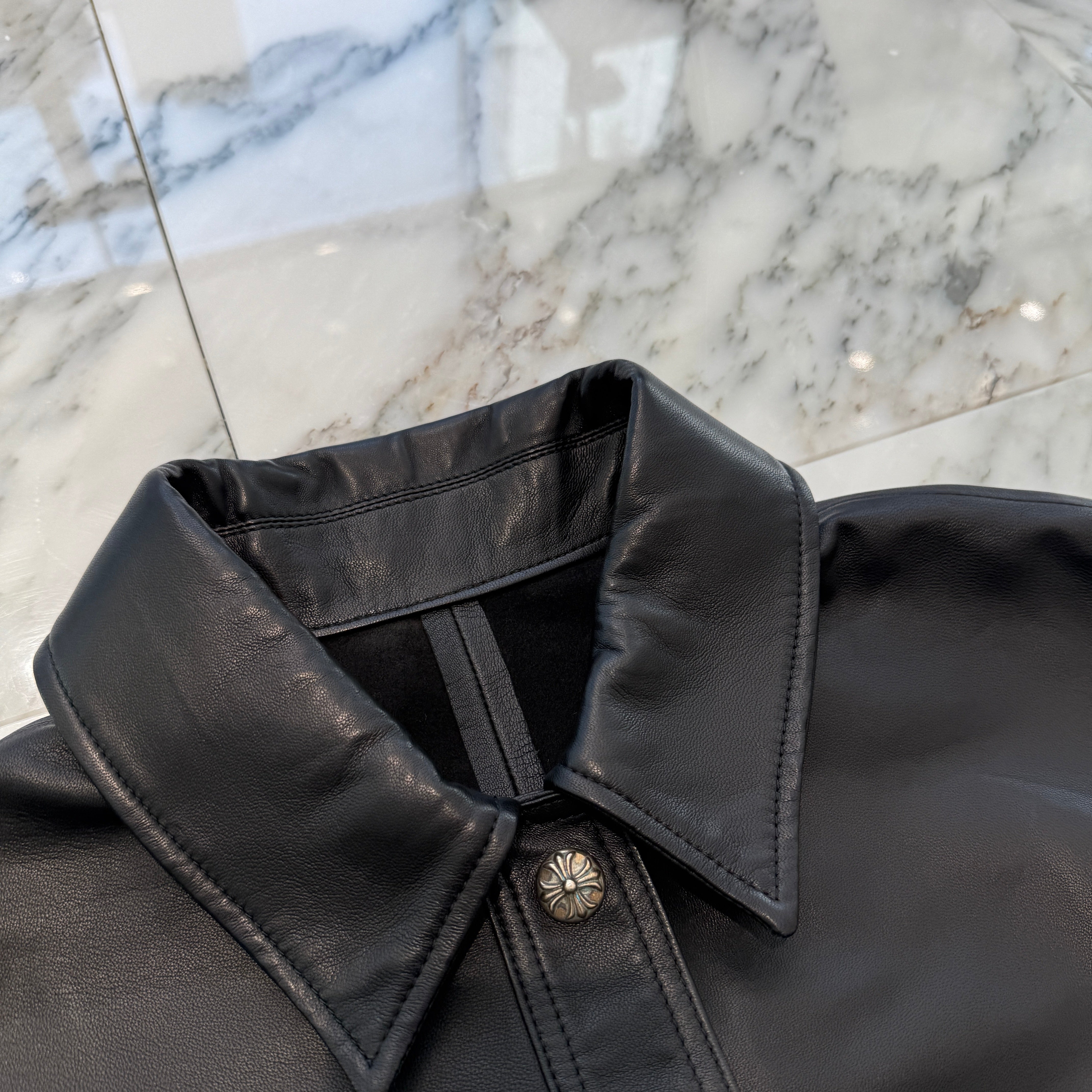 CHROME HEARTS CH Plus Cross Ball Button Sheep Skin Soft Leather Shirt Jacket Size XS クロムハーツ CHプラス クロスボールボタン シープスキン ソフトレザー シャツジャケット サイズXS