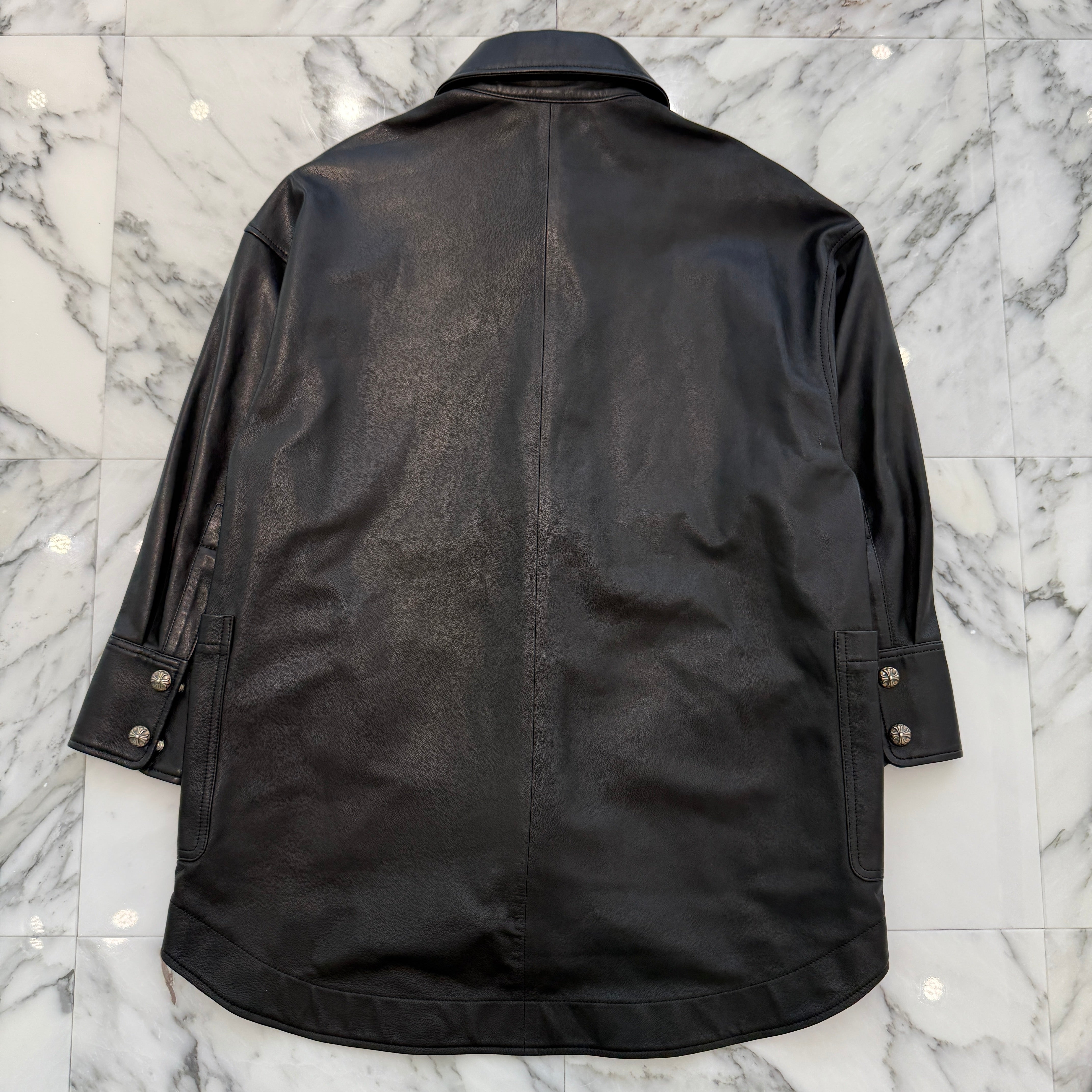 CHROME HEARTS CH Plus Cross Ball Button Sheep Skin Soft Leather Shirt Jacket Size XS クロムハーツ CHプラス クロスボールボタン シープスキン ソフトレザー シャツジャケット サイズXS