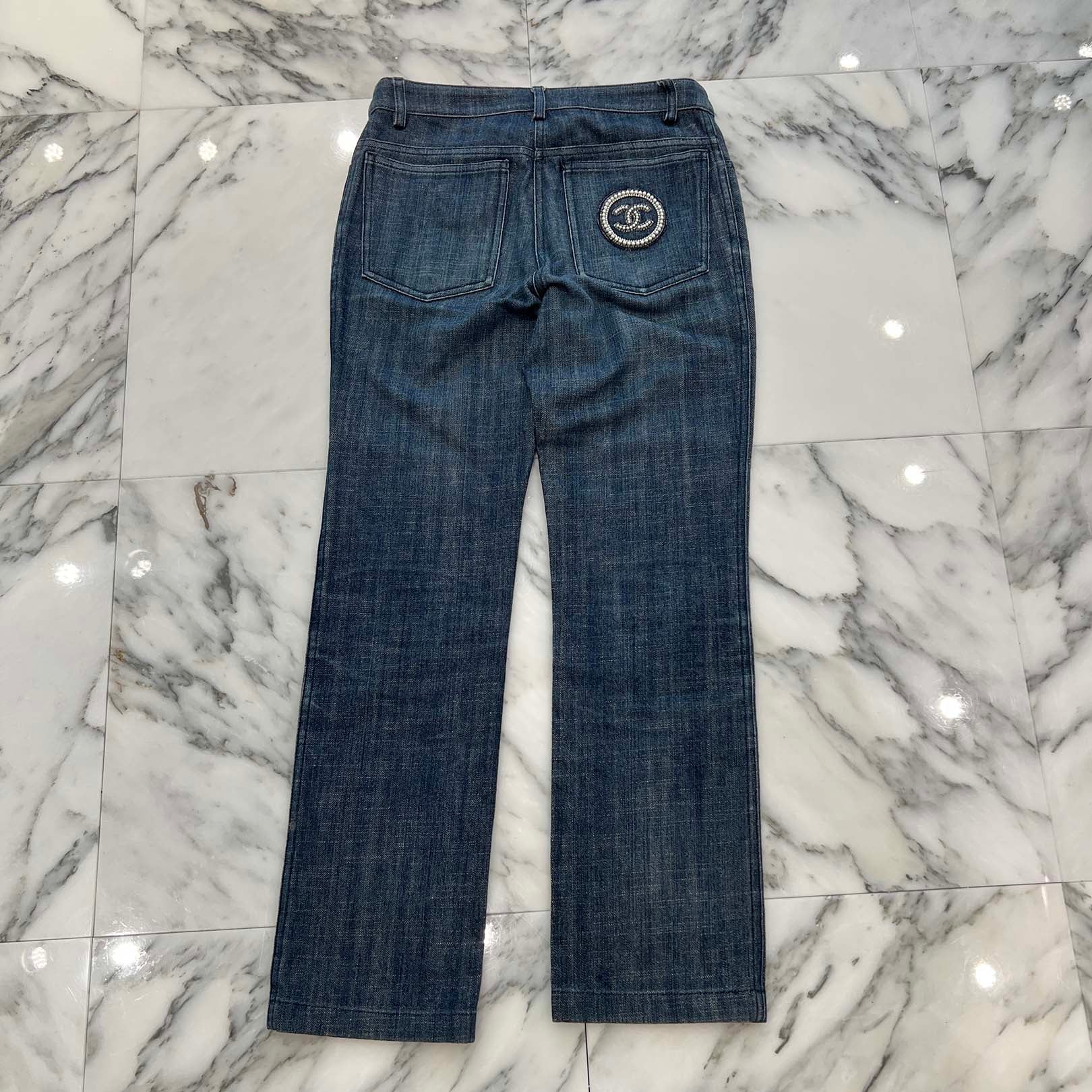 CHANEL Coco Button Pearl Rhinestone Denim Pants P25297 Size 34