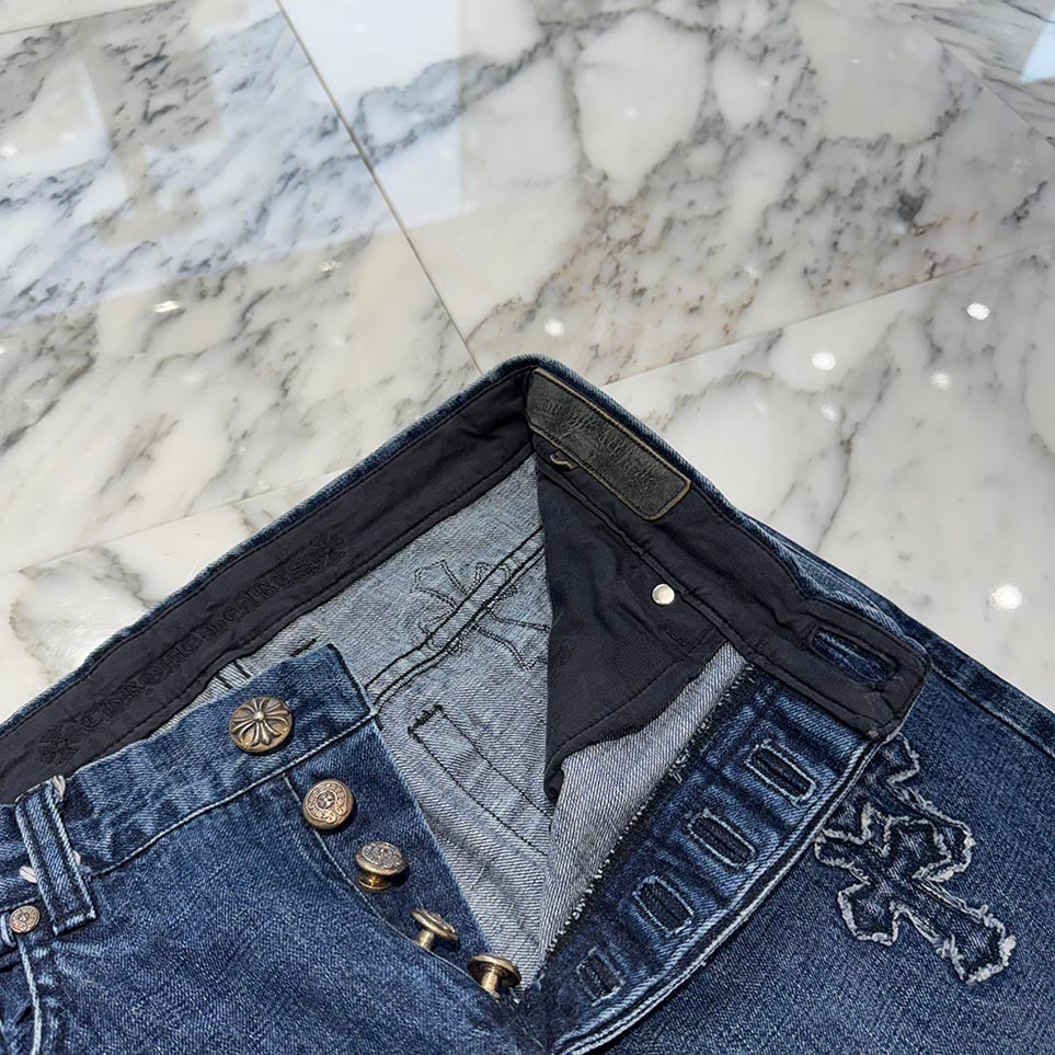 CHROME HEARTS Cross Ball Button Denim Cross patch Denim Pants Size 32 クロムハーツ クロスボールボタン デニムクロスパッチ デニムパンツ サイズ32