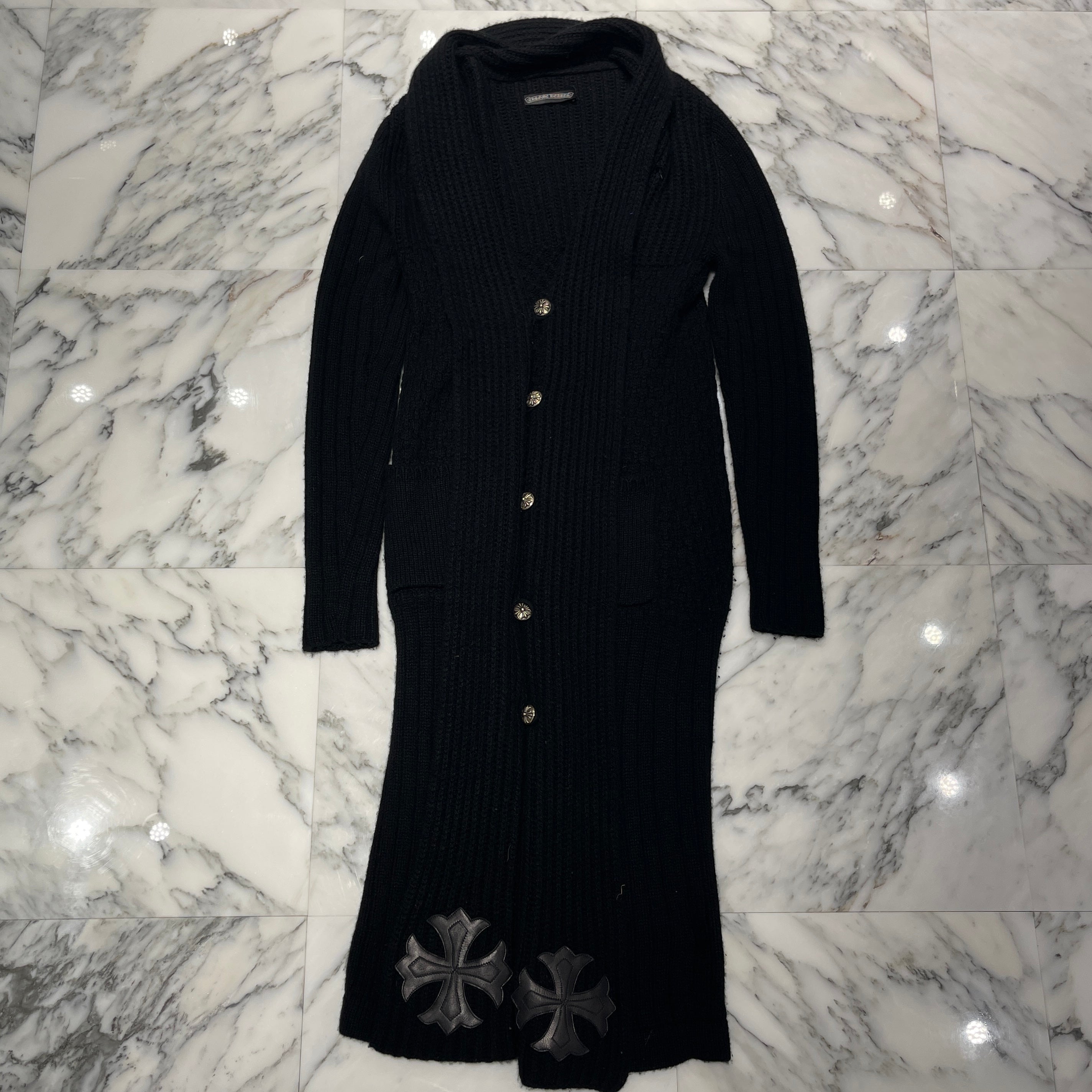 CHROME HEARTS Cashmere Long Cross Leather Patch Cardigan Size L クロムハーツ カシミヤ ロング クロレザーパッチ カーディガン サイズL
