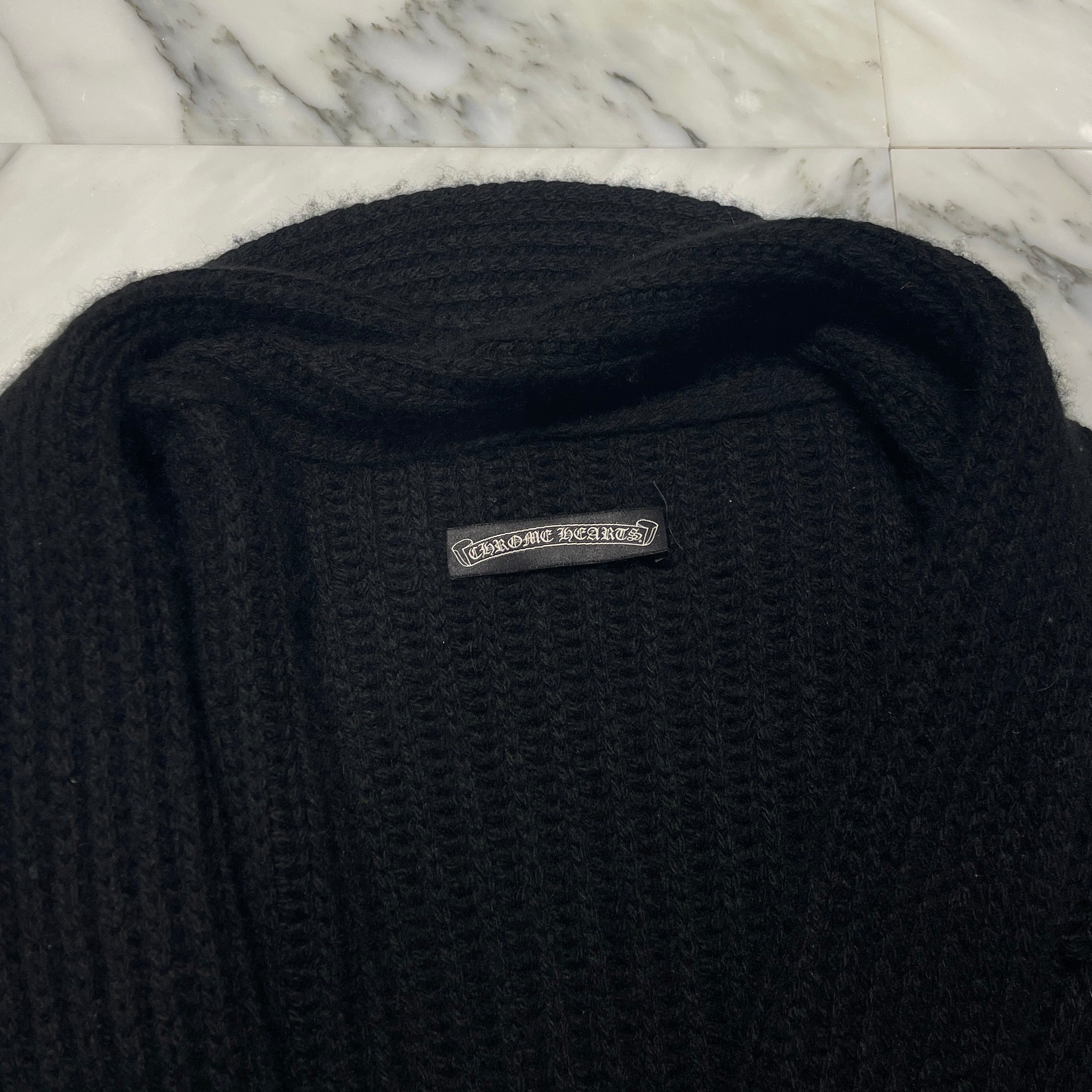 CHROME HEARTS Cashmere Long Cross Leather Patch Cardigan Size L クロムハーツ カシミヤ ロング クロレザーパッチ カーディガン サイズL