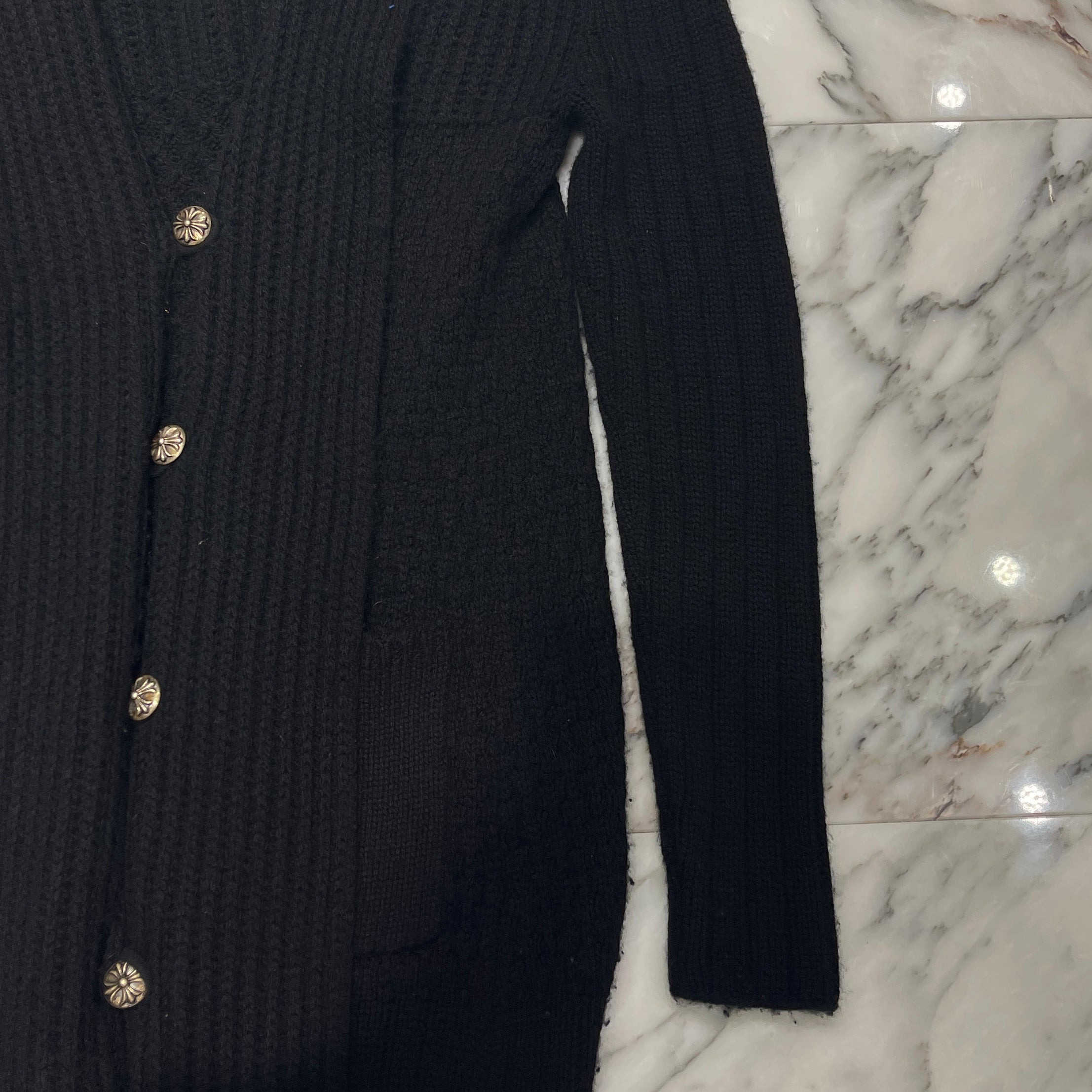 CHROME HEARTS Cashmere Long Cross Leather Patch Cardigan Size L クロムハーツ カシミヤ ロング クロレザーパッチ カーディガン サイズL