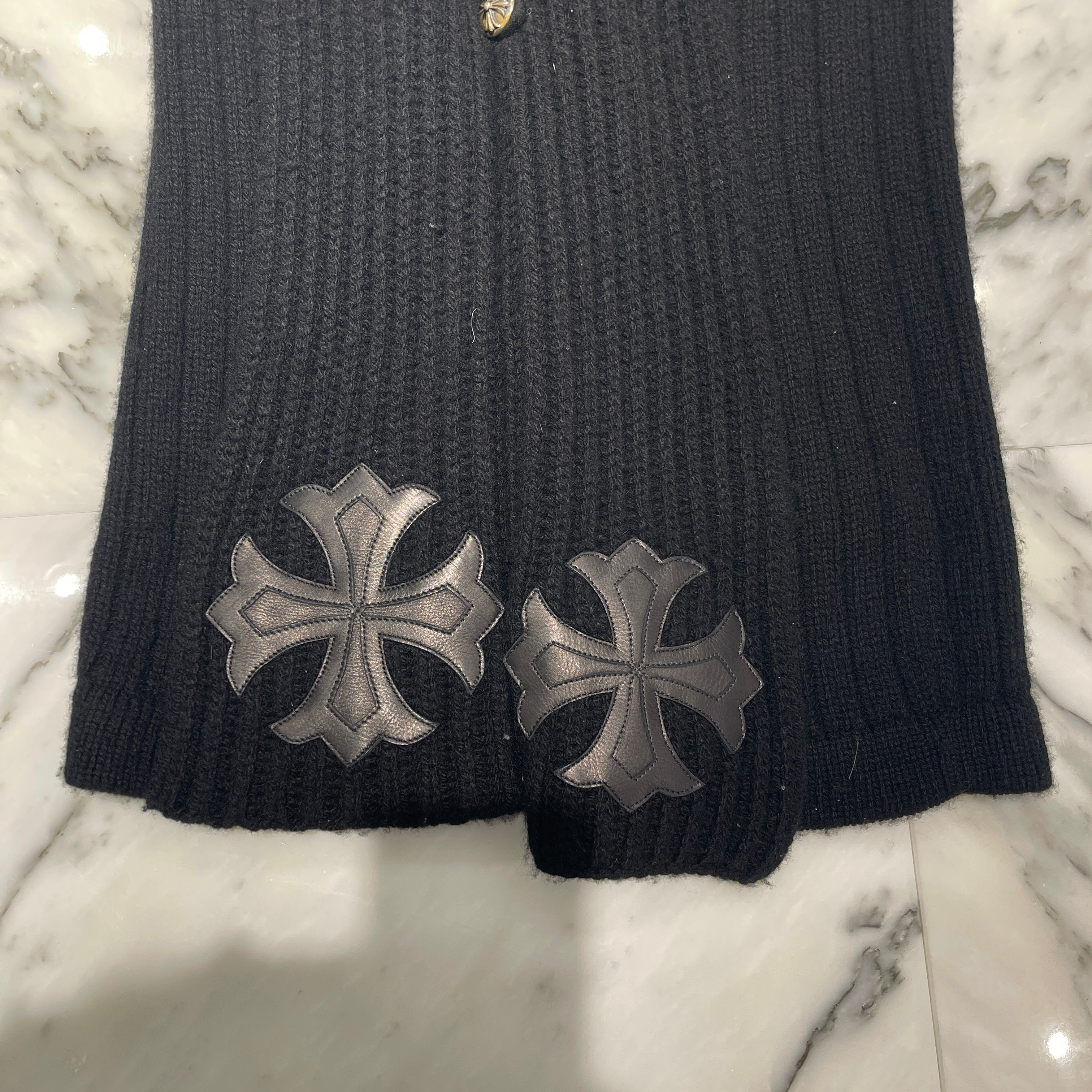 CHROME HEARTS Cashmere Long Cross Leather Patch Cardigan Size L クロムハーツ カシミヤ ロング クロレザーパッチ カーディガン サイズL