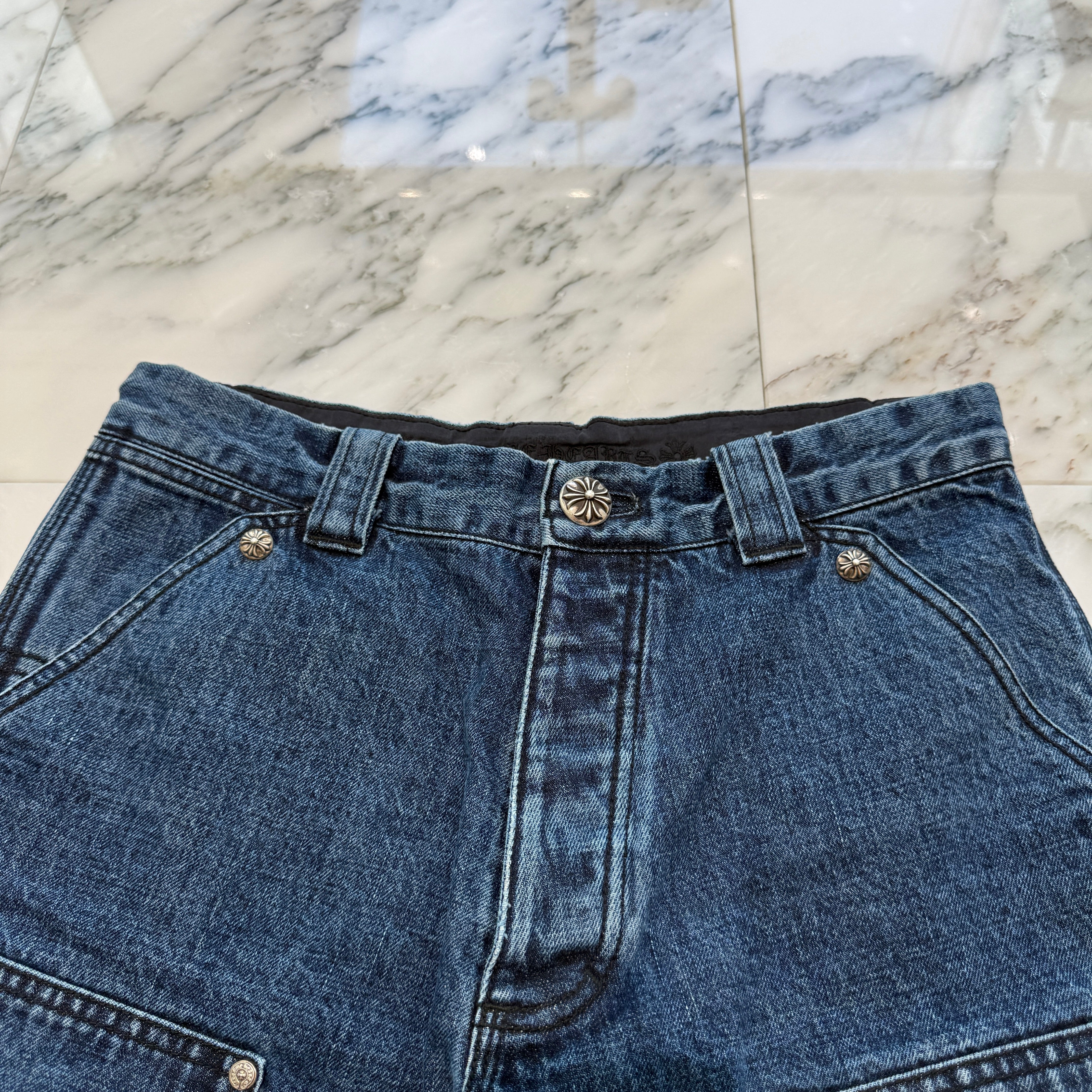 CHROME HEARTS Carpenter Cross Ball Button Denim Shorts Size