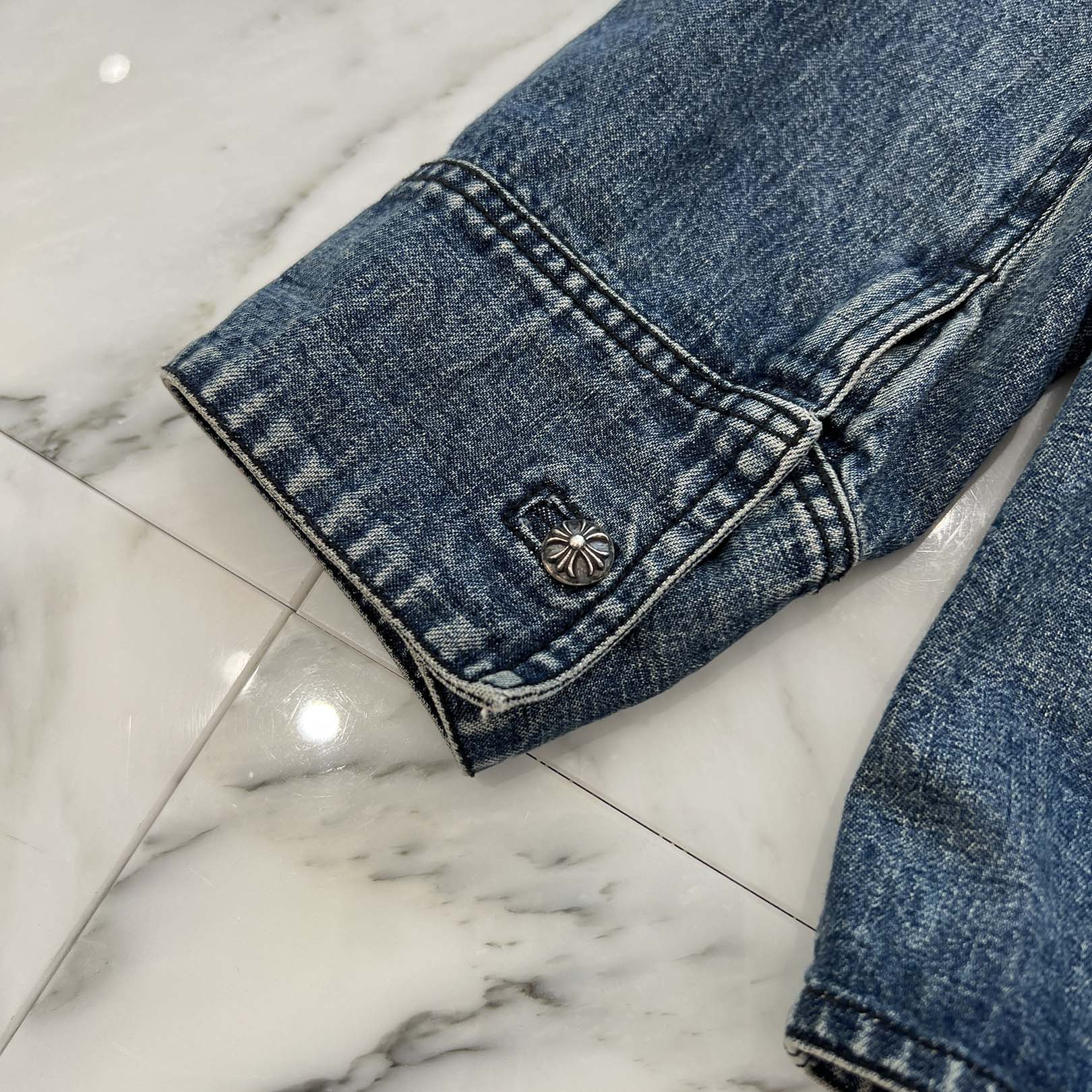 CHROME HEARTS Y NOT Cross Ball Button LAST BITE Denim Shirt Size XL クロムハーツ ワイノット クロスボールボタン ラストバイト デニムシャツ サイズXL