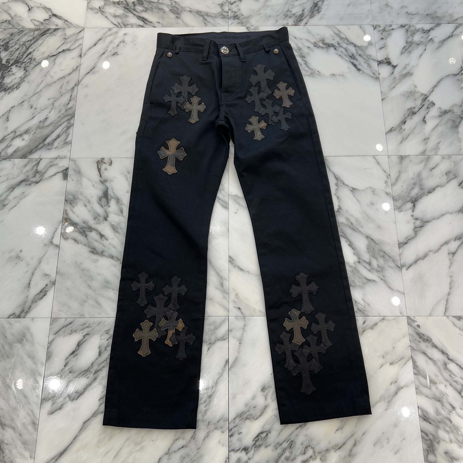 CHROME HEARTS Cemetery Cross Camo Leather Patch Cotton Chino Pants Size 27 クロムハーツ セメタリー クロス カモレザー パッチ コットン チノパンツ ブラック サイズ27