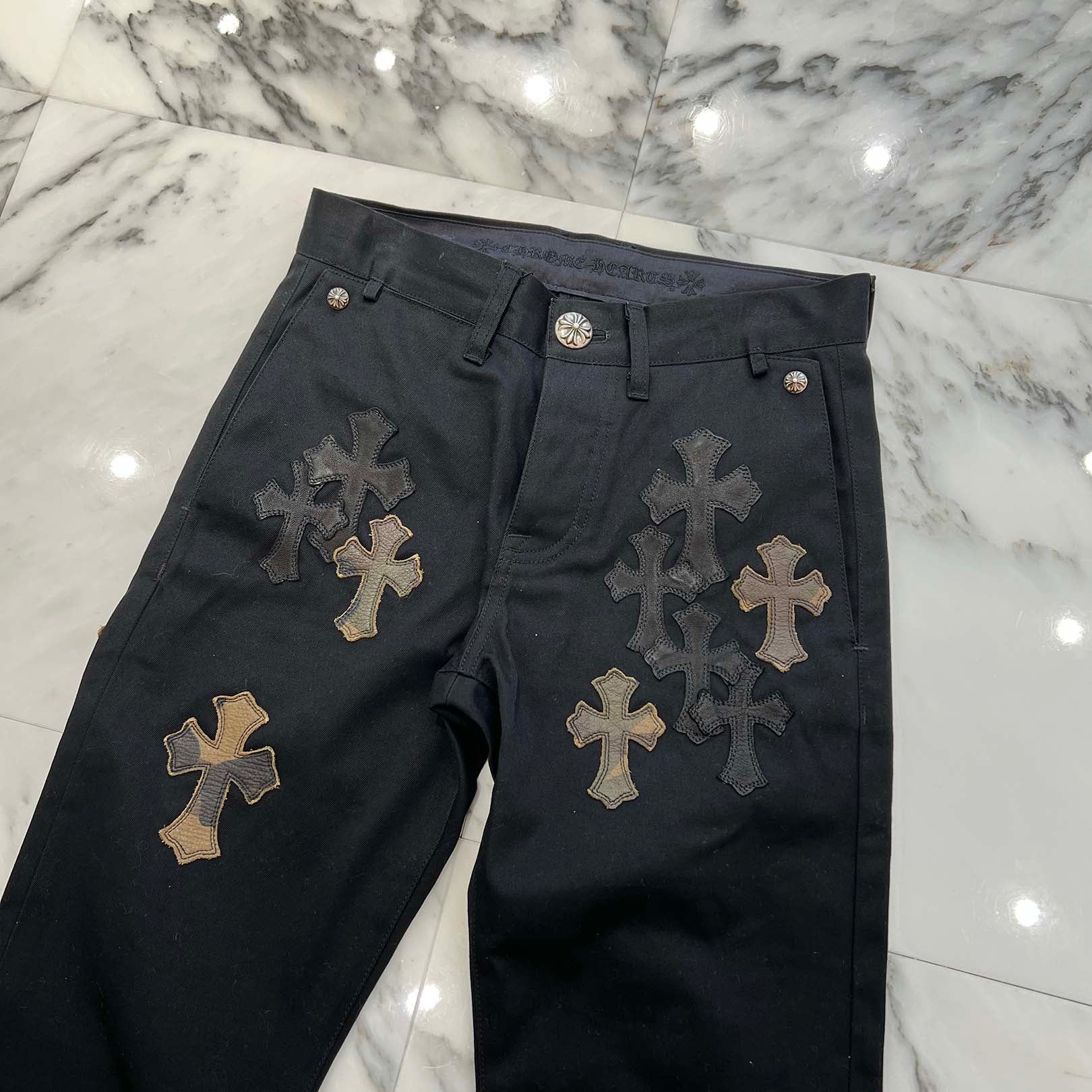 CHROME HEARTS Cemetery Cross Camo Leather Patch Cotton Chino Pants Size 27 クロムハーツ セメタリー クロス カモレザー パッチ コットン チノパンツ ブラック サイズ27