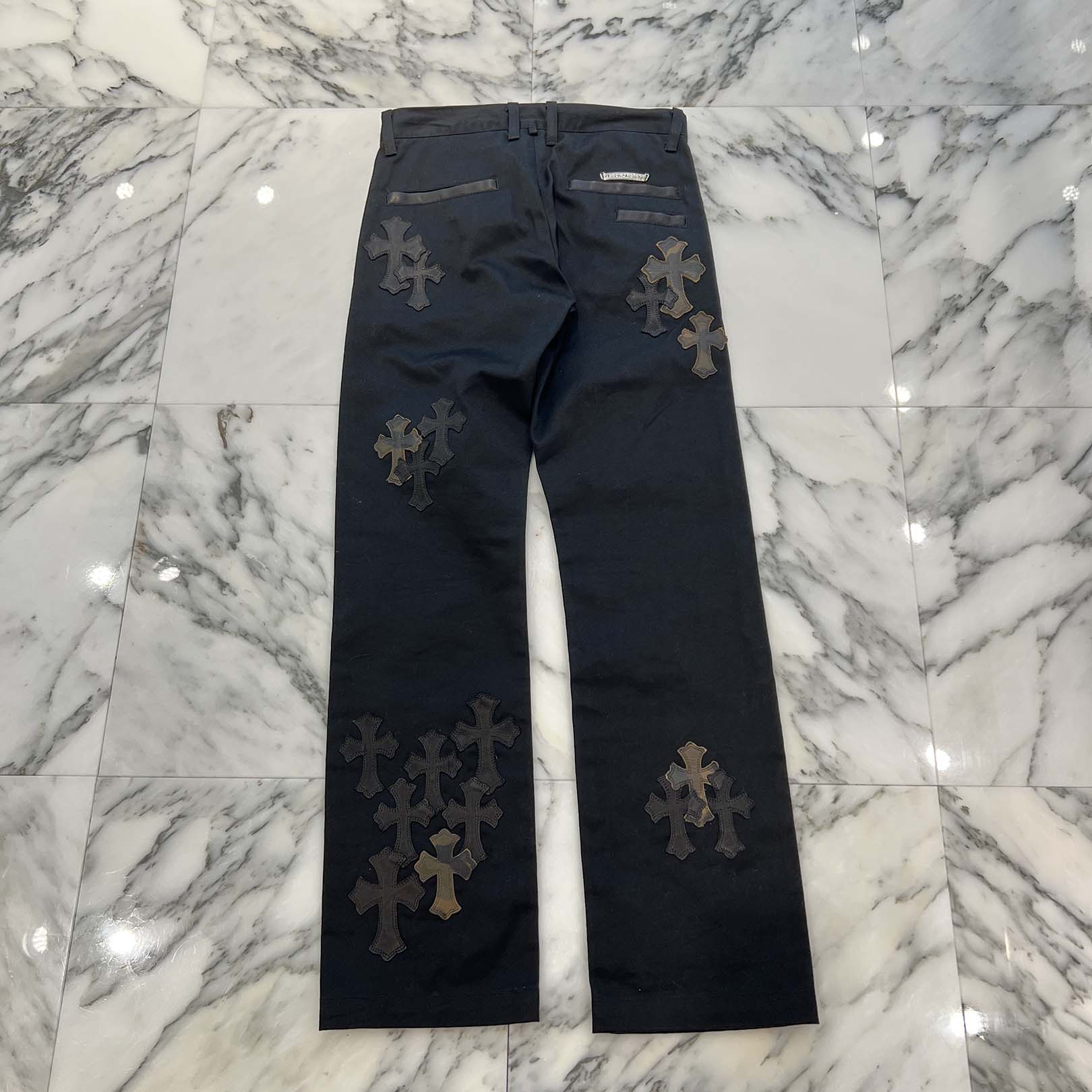 CHROME HEARTS Cemetery Cross Camo Leather Patch Cotton Chino Pants Size 27 クロムハーツ セメタリー クロス カモレザー パッチ コットン チノパンツ ブラック サイズ27