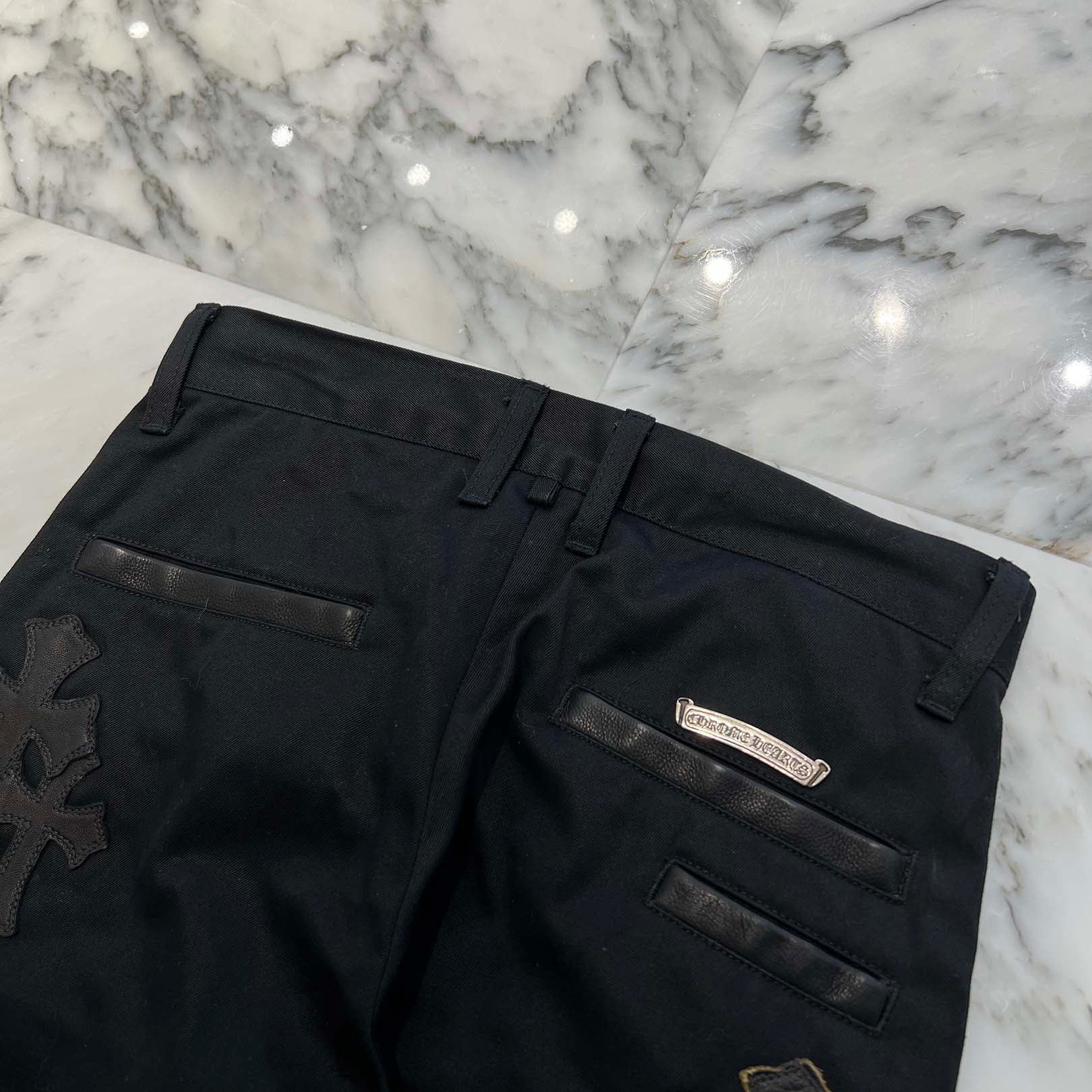 CHROME HEARTS Cemetery Cross Camo Leather Patch Cotton Chino Pants Size 27 クロムハーツ セメタリー クロス カモレザー パッチ コットン チノパンツ ブラック サイズ27