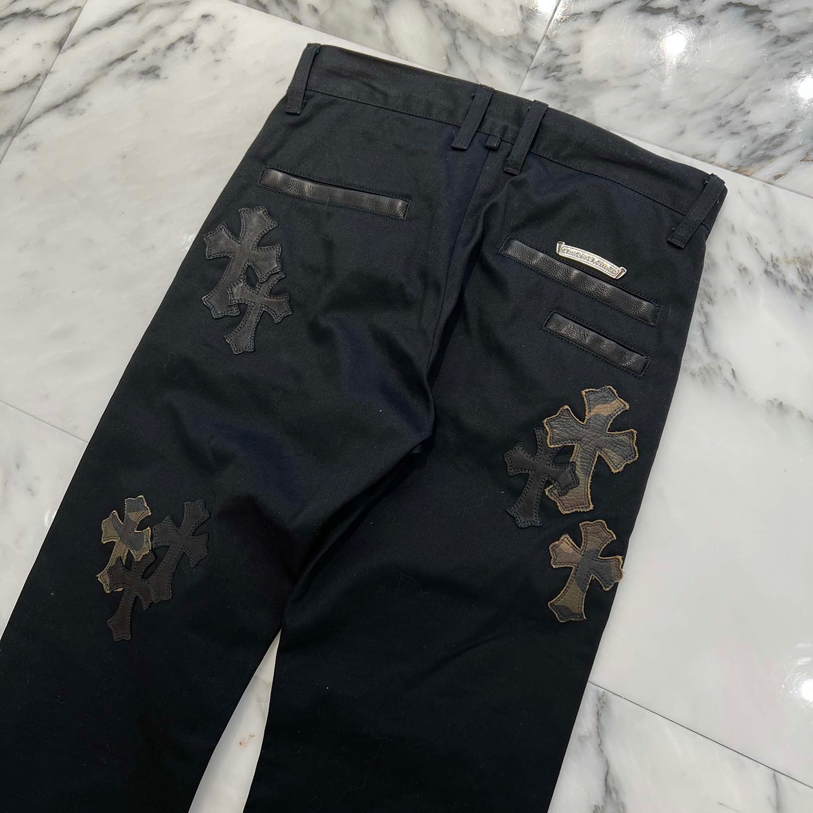 CHROME HEARTS Cemetery Cross Camo Leather Patch Cotton Chino Pants Size 27 クロムハーツ セメタリー クロス カモレザー パッチ コットン チノパンツ ブラック サイズ27