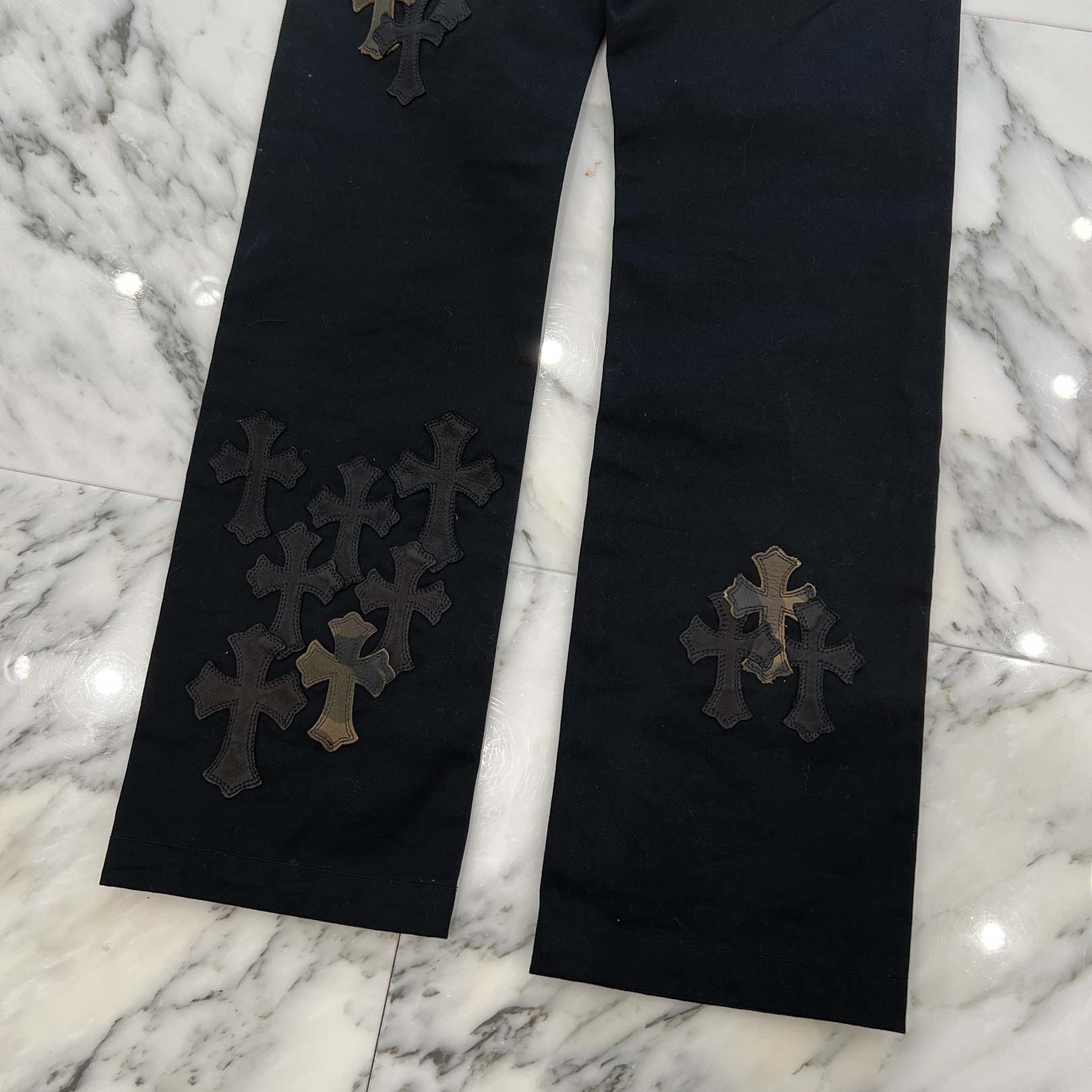 CHROME HEARTS Cemetery Cross Camo Leather Patch Cotton Chino Pants Size 27 クロムハーツ セメタリー クロス カモレザー パッチ コットン チノパンツ ブラック サイズ27