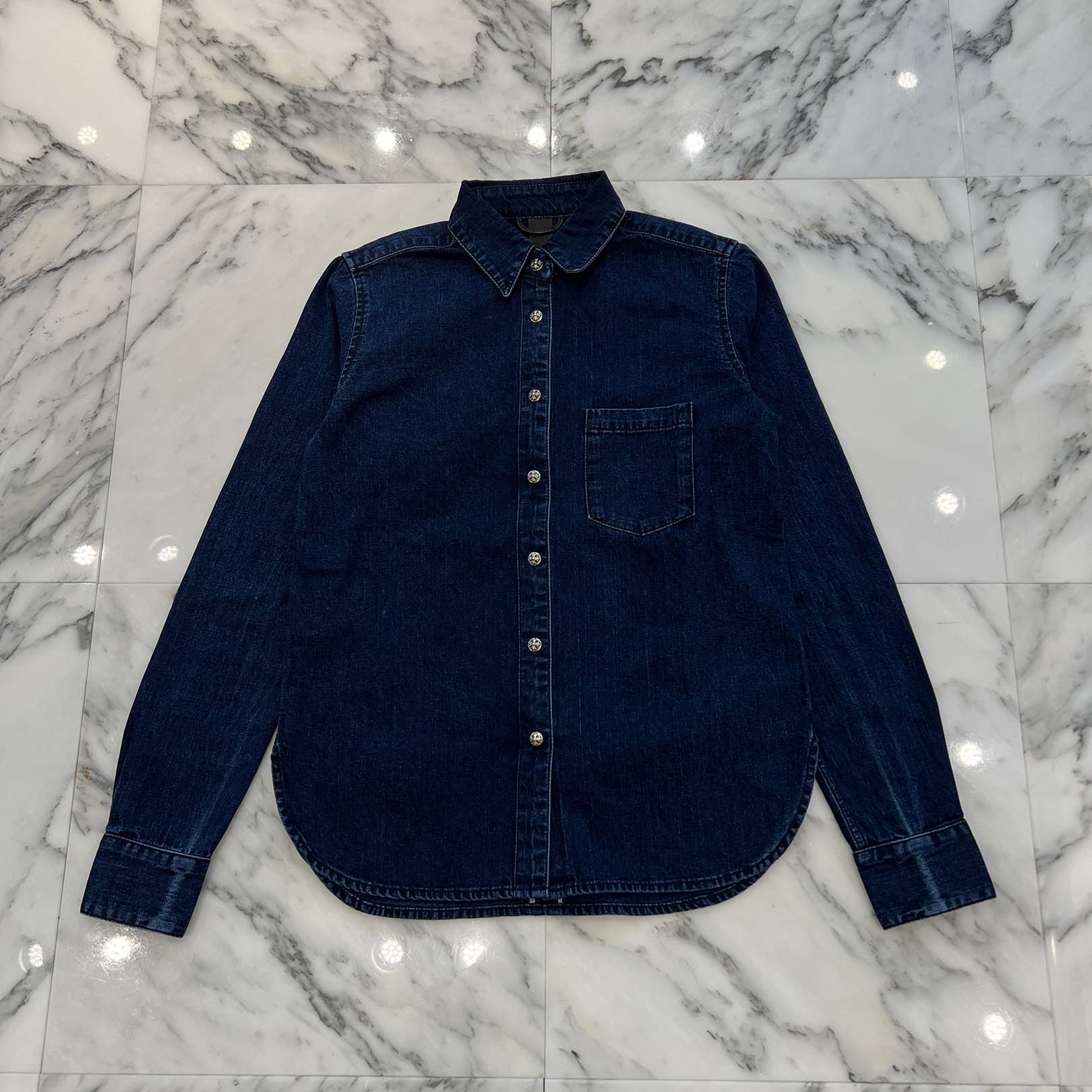 CHROME HEARTS Y NOT Leather Cross Patch Denim Shirt Size S クロムハーツ レザークロスパッチ デニムシャツ サイズS