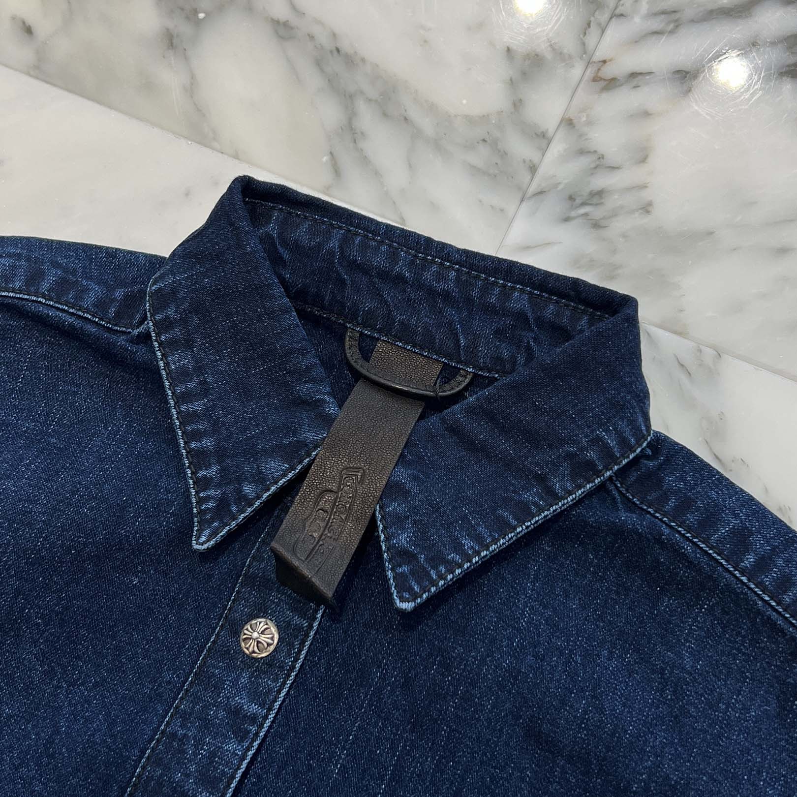 CHROME HEARTS Y NOT Leather Cross Patch Denim Shirt Size S クロムハーツ レザークロスパッチ デニムシャツ サイズS