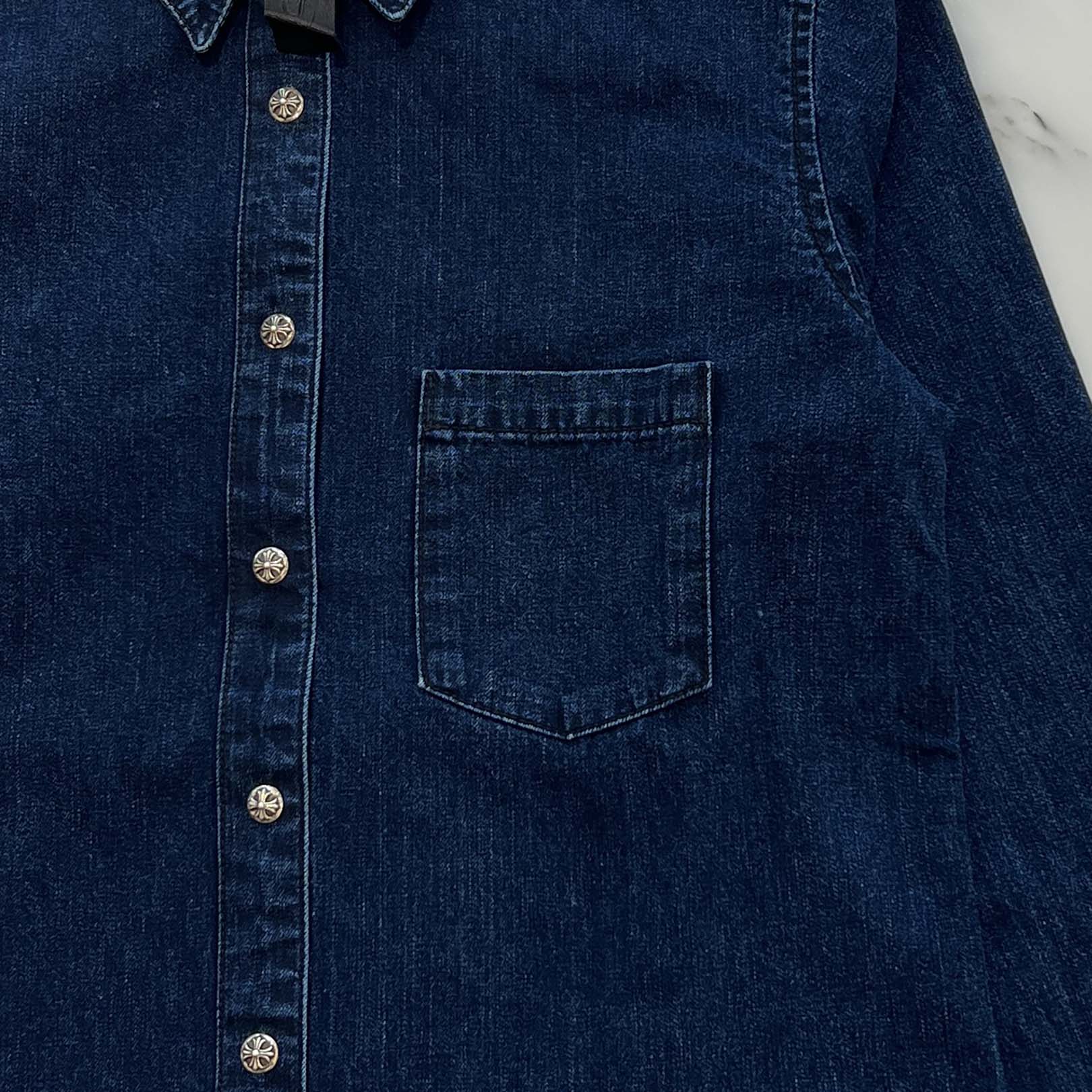 CHROME HEARTS Y NOT Leather Cross Patch Denim Shirt Size S クロムハーツ レザークロスパッチ デニムシャツ サイズS