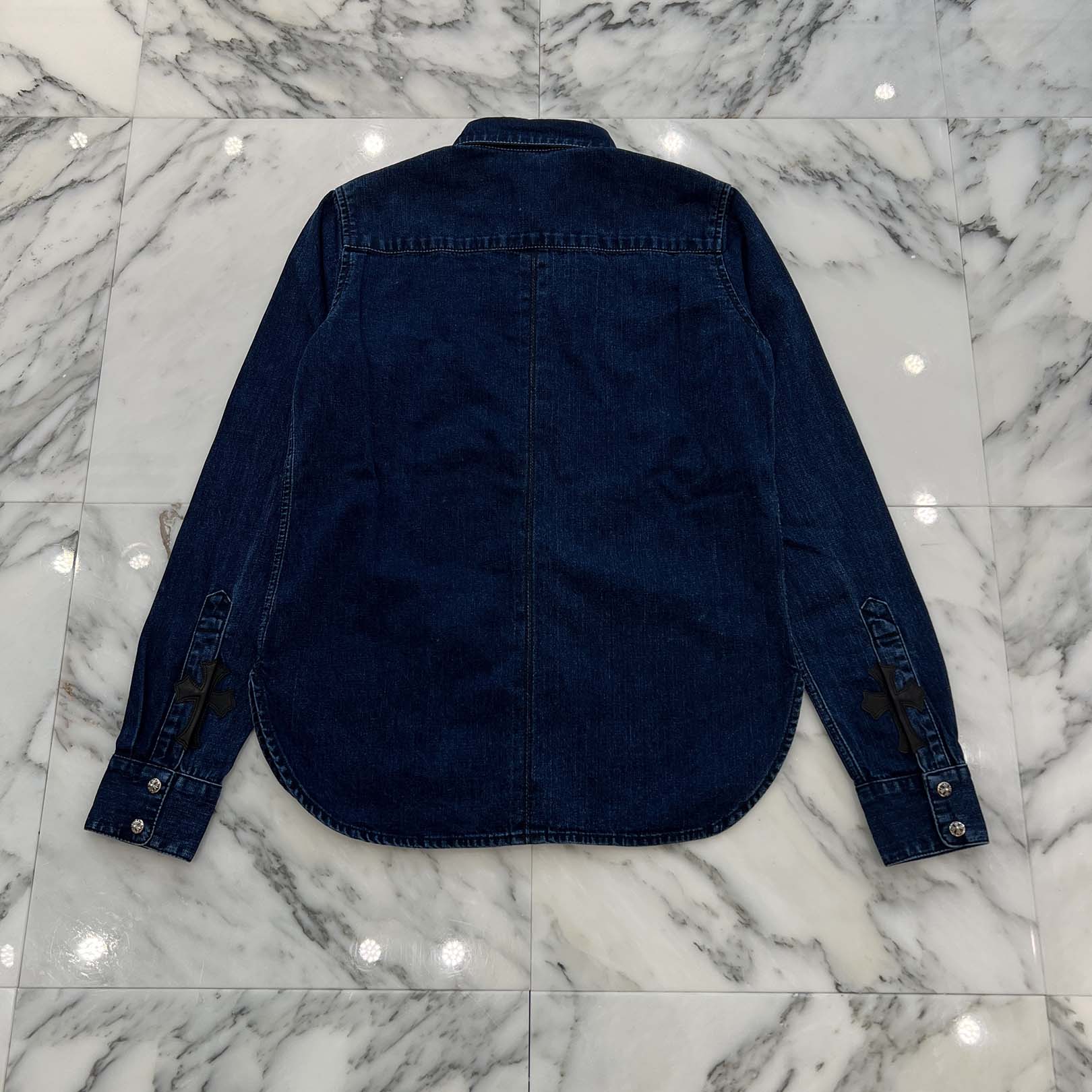 CHROME HEARTS Y NOT Leather Cross Patch Denim Shirt Size S クロムハーツ レザークロスパッチ デニムシャツ サイズS