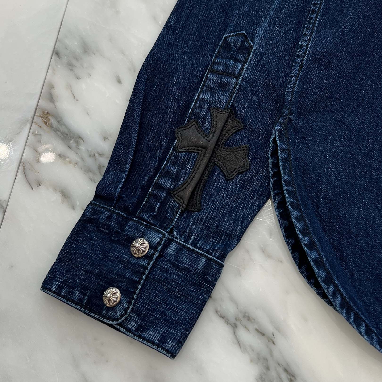 CHROME HEARTS Y NOT Leather Cross Patch Denim Shirt Size S クロムハーツ レザークロスパッチ デニムシャツ サイズS