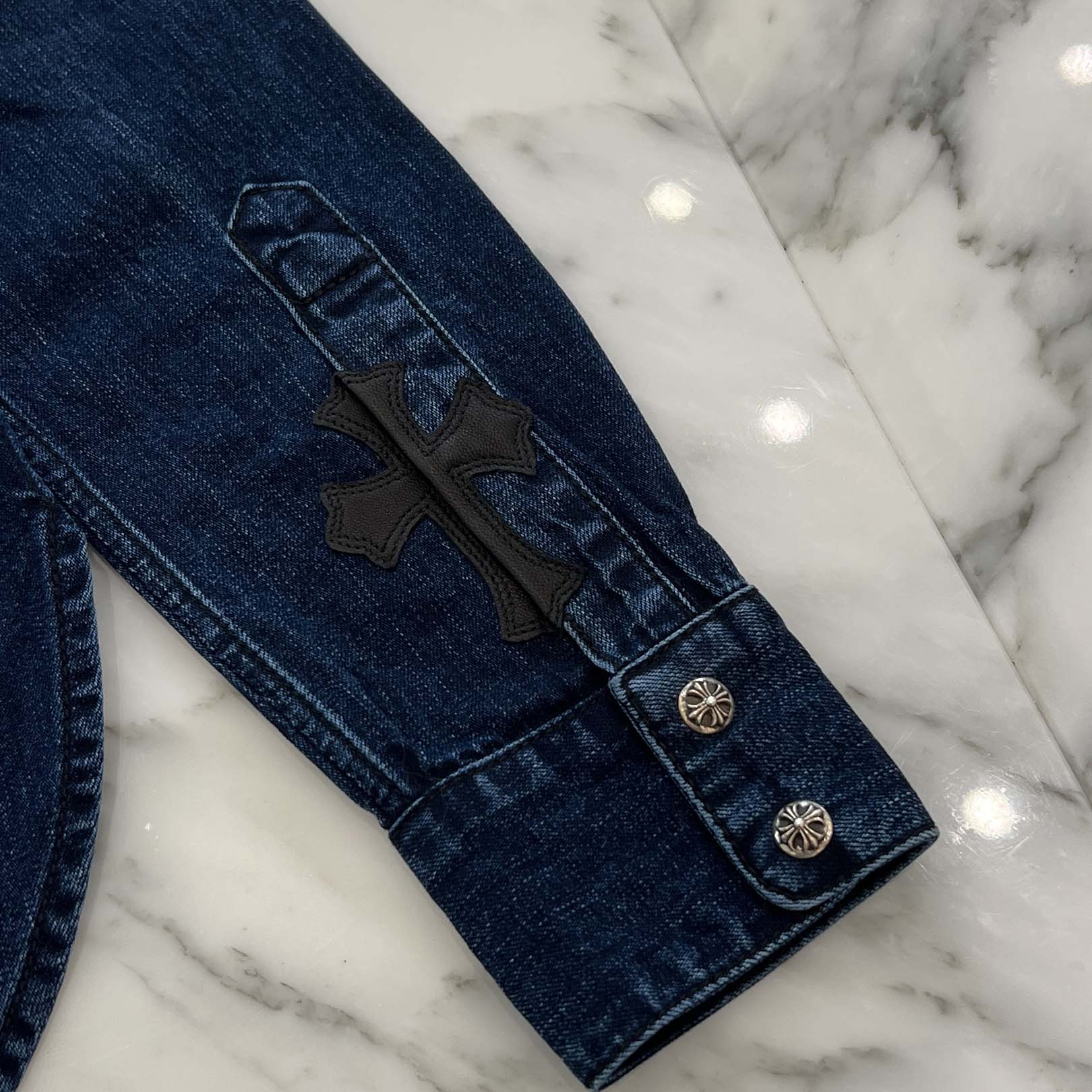 CHROME HEARTS Y NOT Leather Cross Patch Denim Shirt Size S クロムハーツ レザークロスパッチ デニムシャツ サイズS