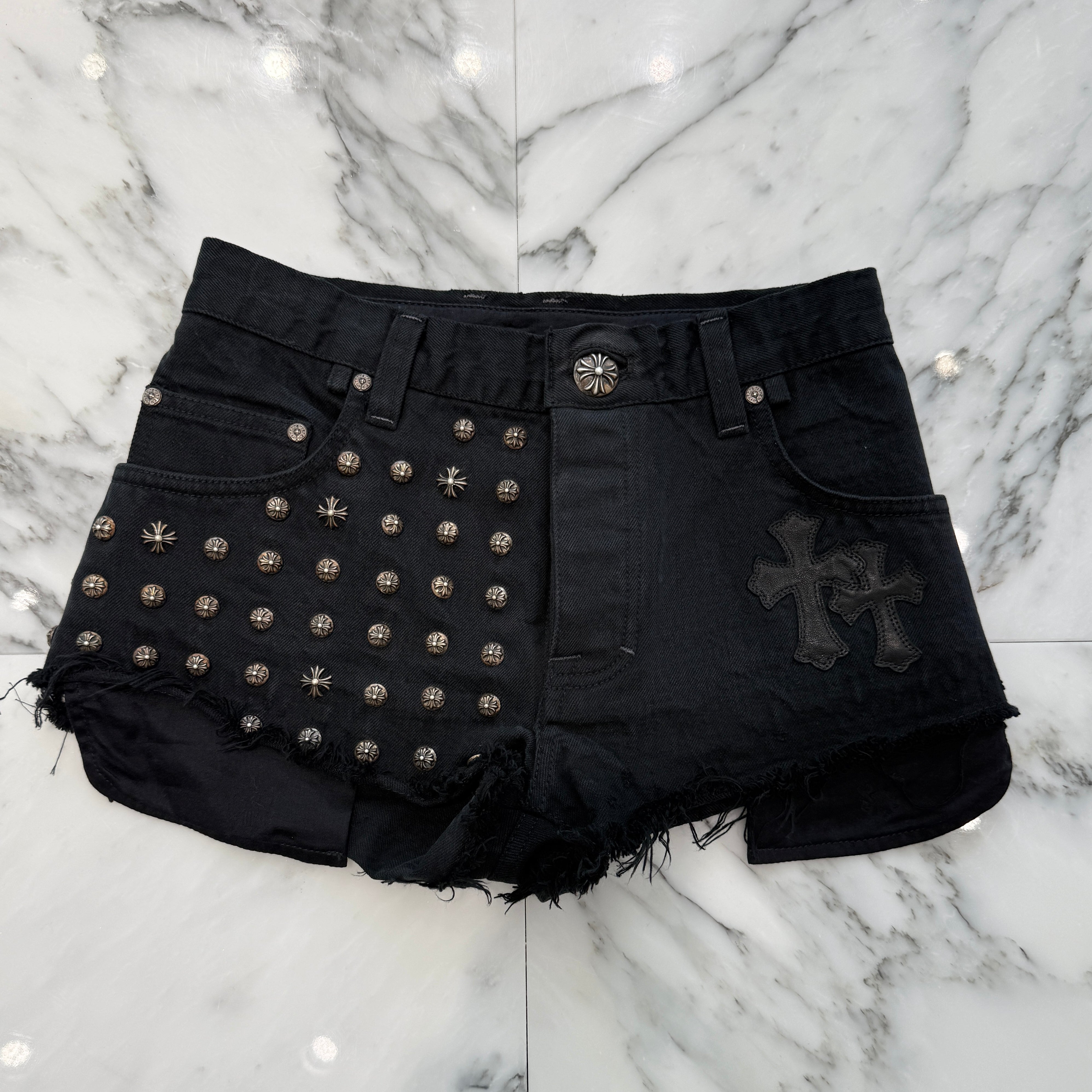 CHROME HEARTS Studded Leather Cross Patch Denim Short Pants クロムハーツ スタッズ レザークロスパッチ デニムショートパンツ