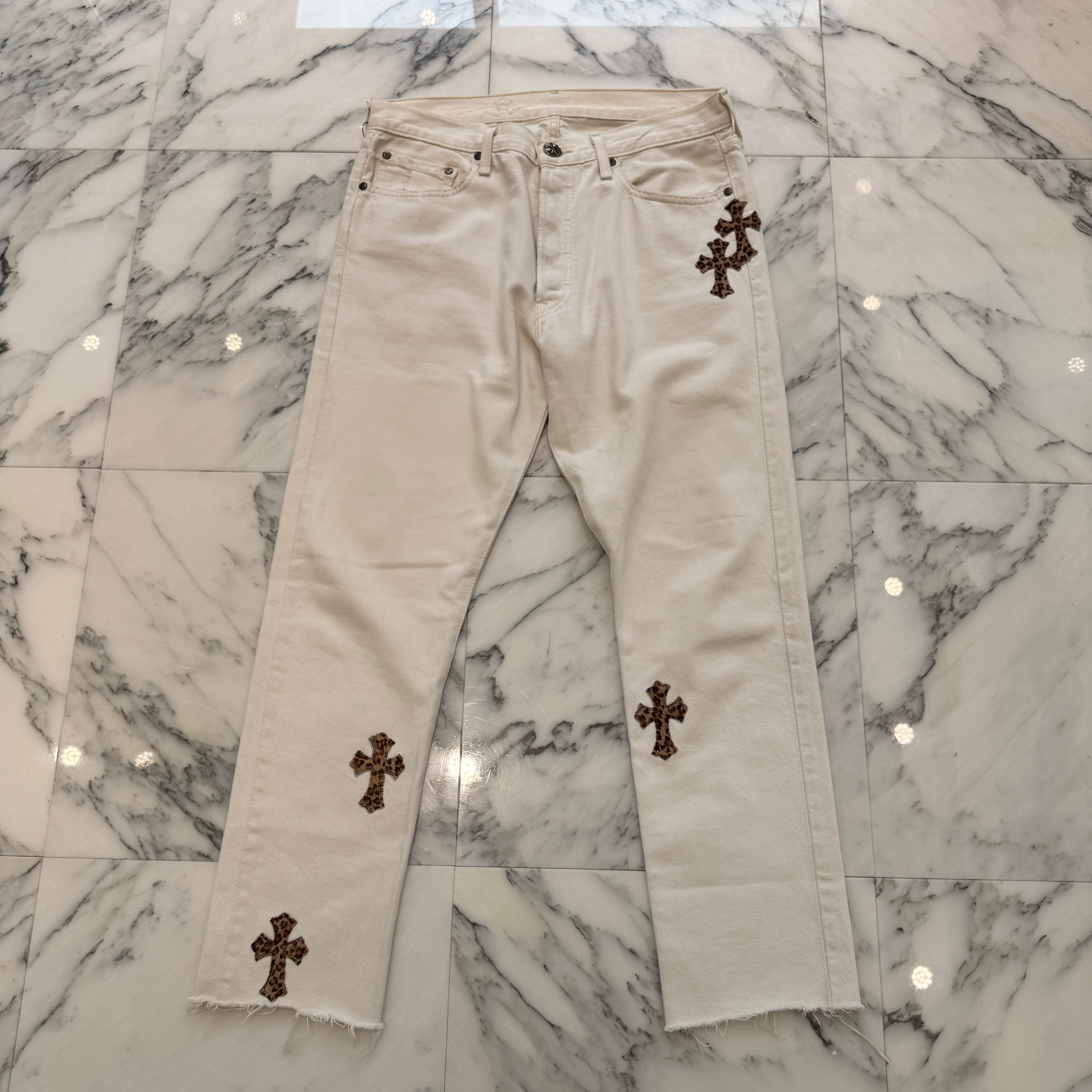 CHROME HEARTS × Levi's Body VNTG Leopard Harako Leather Cross Patch Cotton Denim Pants Size 32 クロムハーツ × リーバイス ボディ レオパード ハラコ レザークロスパッチ コットン デニムパンツ サイズ32