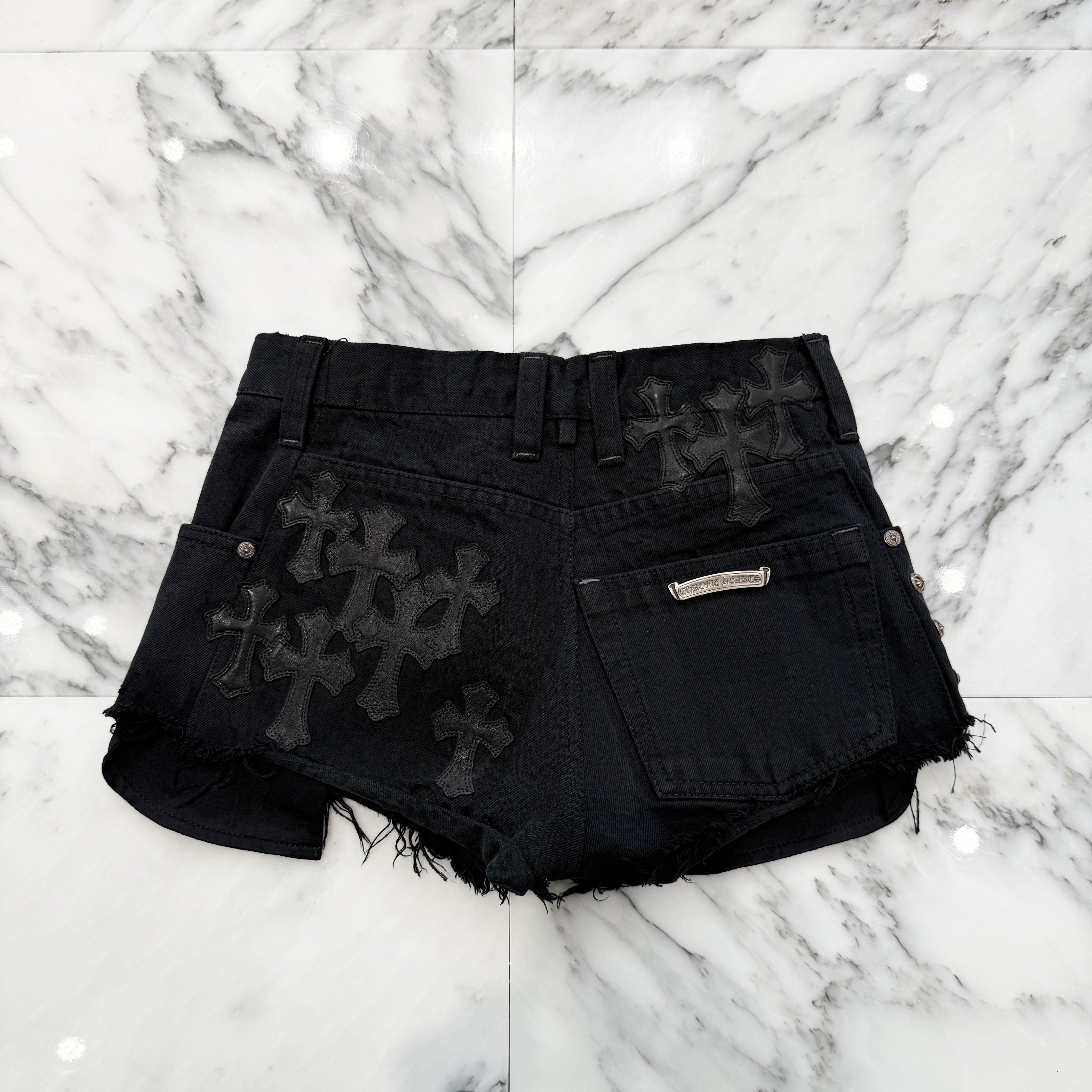 CHROME HEARTS Studded Leather Cross Patch Denim Short Pants クロムハーツ スタッズ レザークロスパッチ デニムショートパンツ