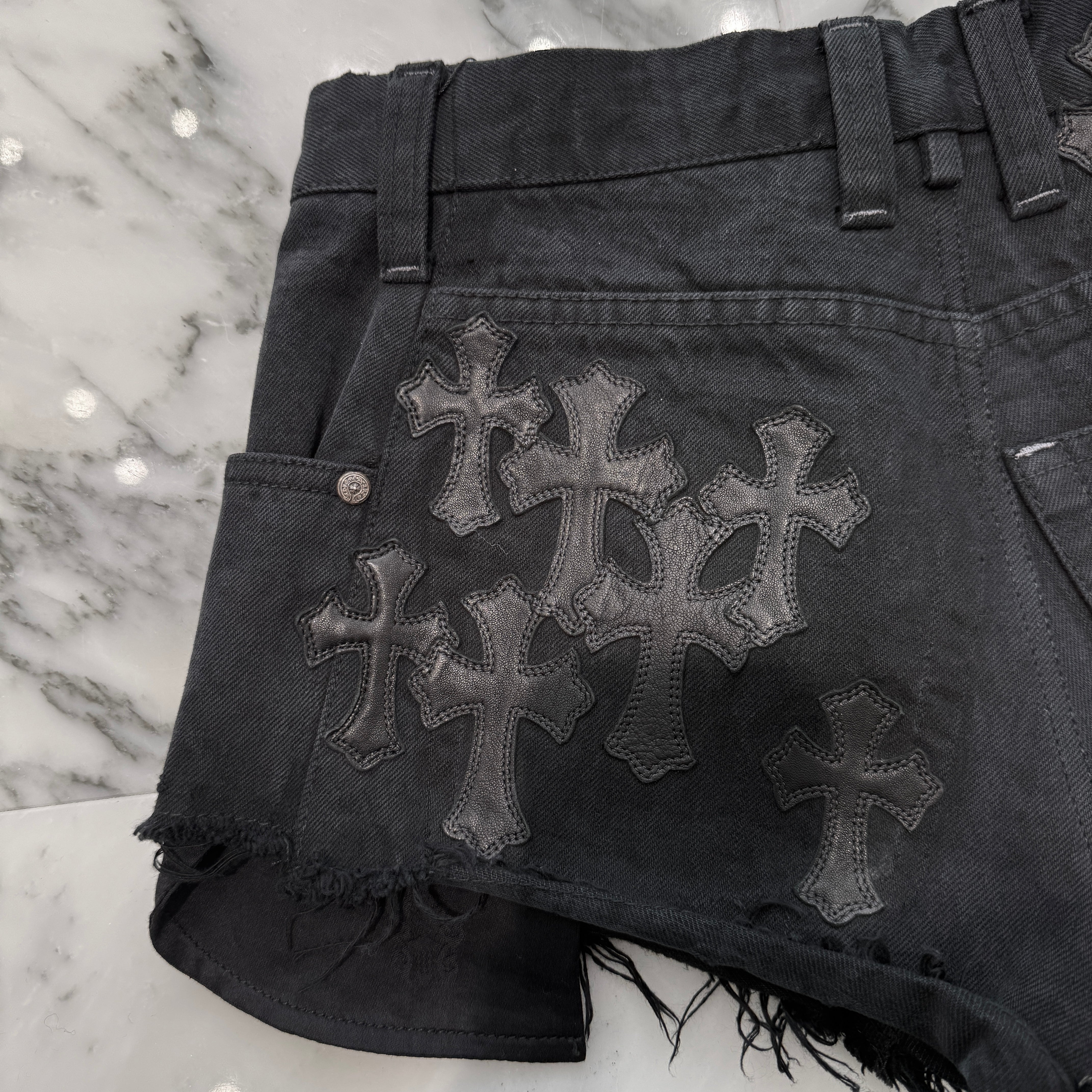 CHROME HEARTS Studded Leather Cross Patch Denim Short Pants クロムハーツ スタッズ レザークロスパッチ デニムショートパンツ