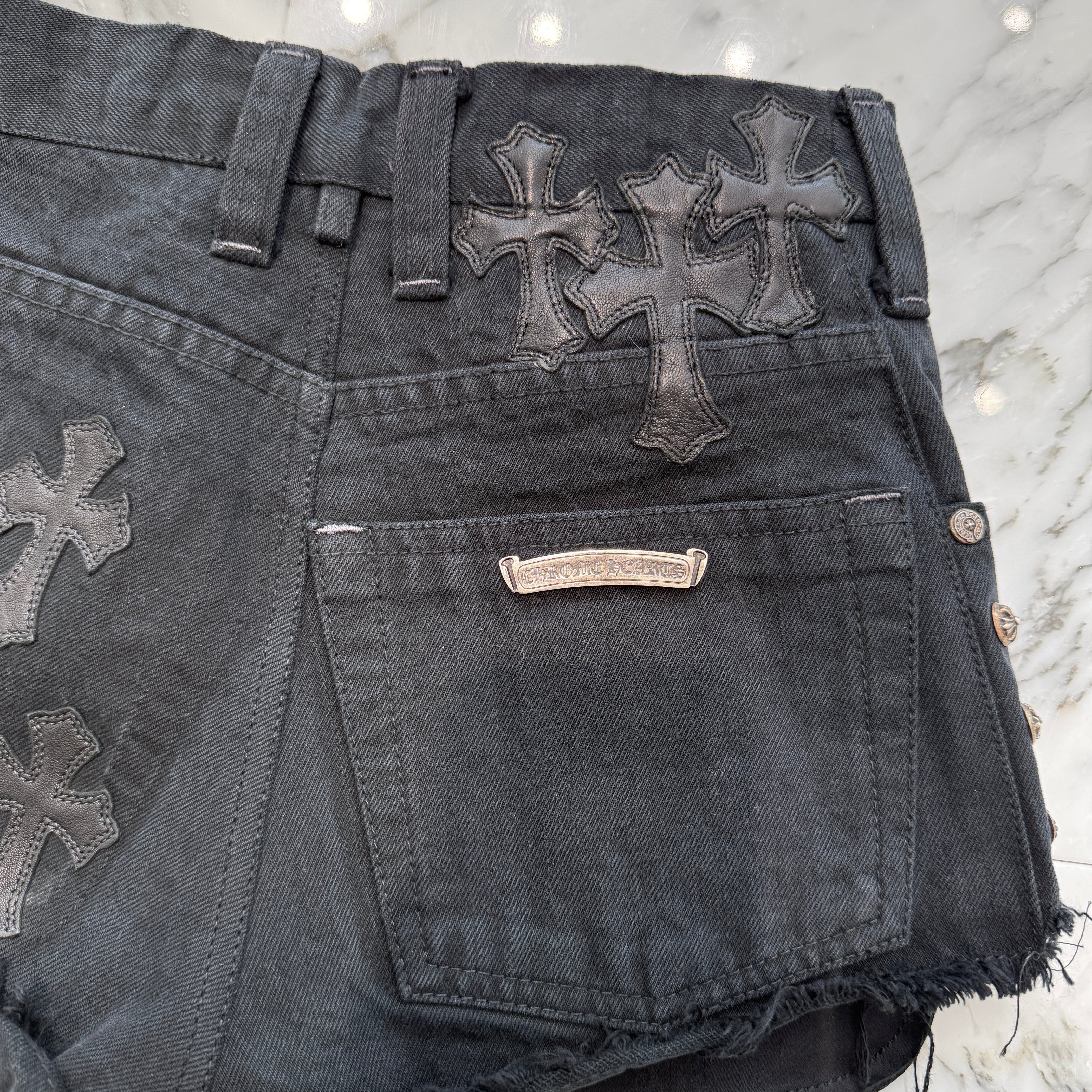 CHROME HEARTS Studded Leather Cross Patch Denim Short Pants クロムハーツ スタッズ レザークロスパッチ デニムショートパンツ