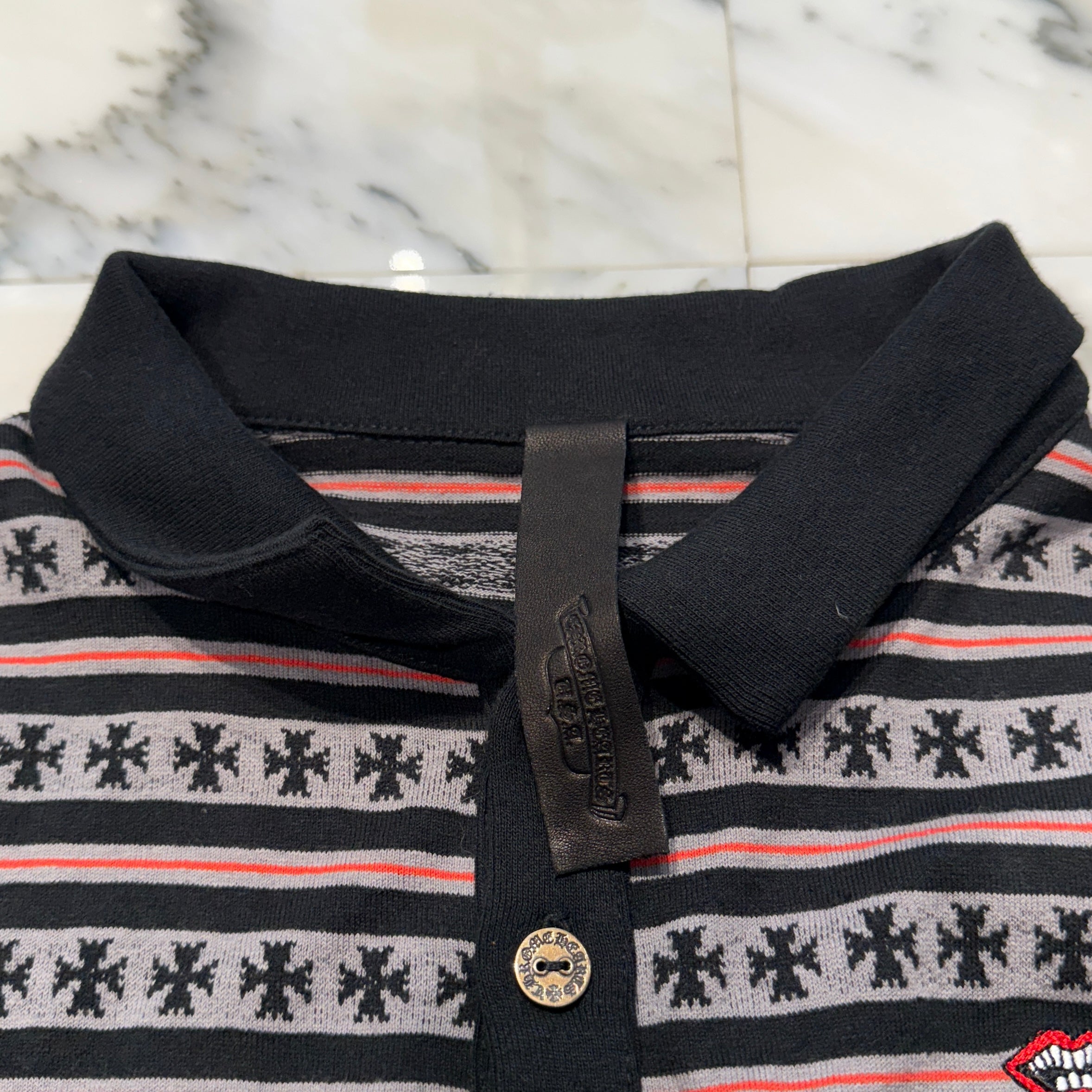 CHROME HEARTS × MATTY BOY Y NOT Chomper Embroidery Stripe Polo Long Sleeve Shirt Size L クロムハーツ × マッティボーイ ワイノット チョンパー刺繍 ストライプ ポロ ロングスリーブシャツ サイズL