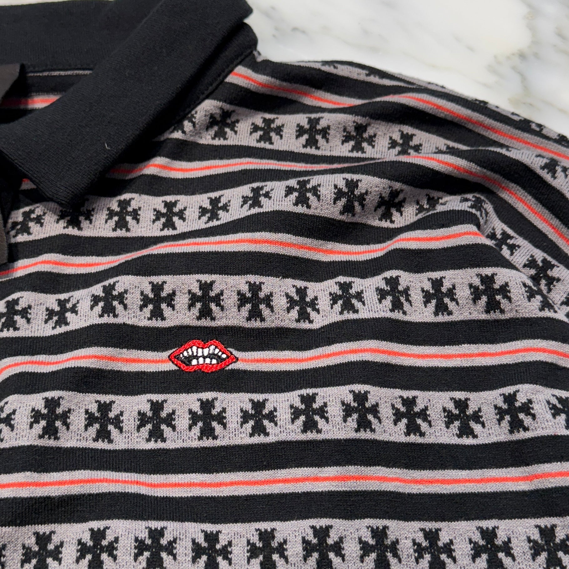 CHROME HEARTS × MATTY BOY Y NOT Chomper Embroidery Stripe Polo Long Sleeve Shirt Size L クロムハーツ × マッティボーイ ワイノット チョンパー刺繍 ストライプ ポロ ロングスリーブシャツ サイズL