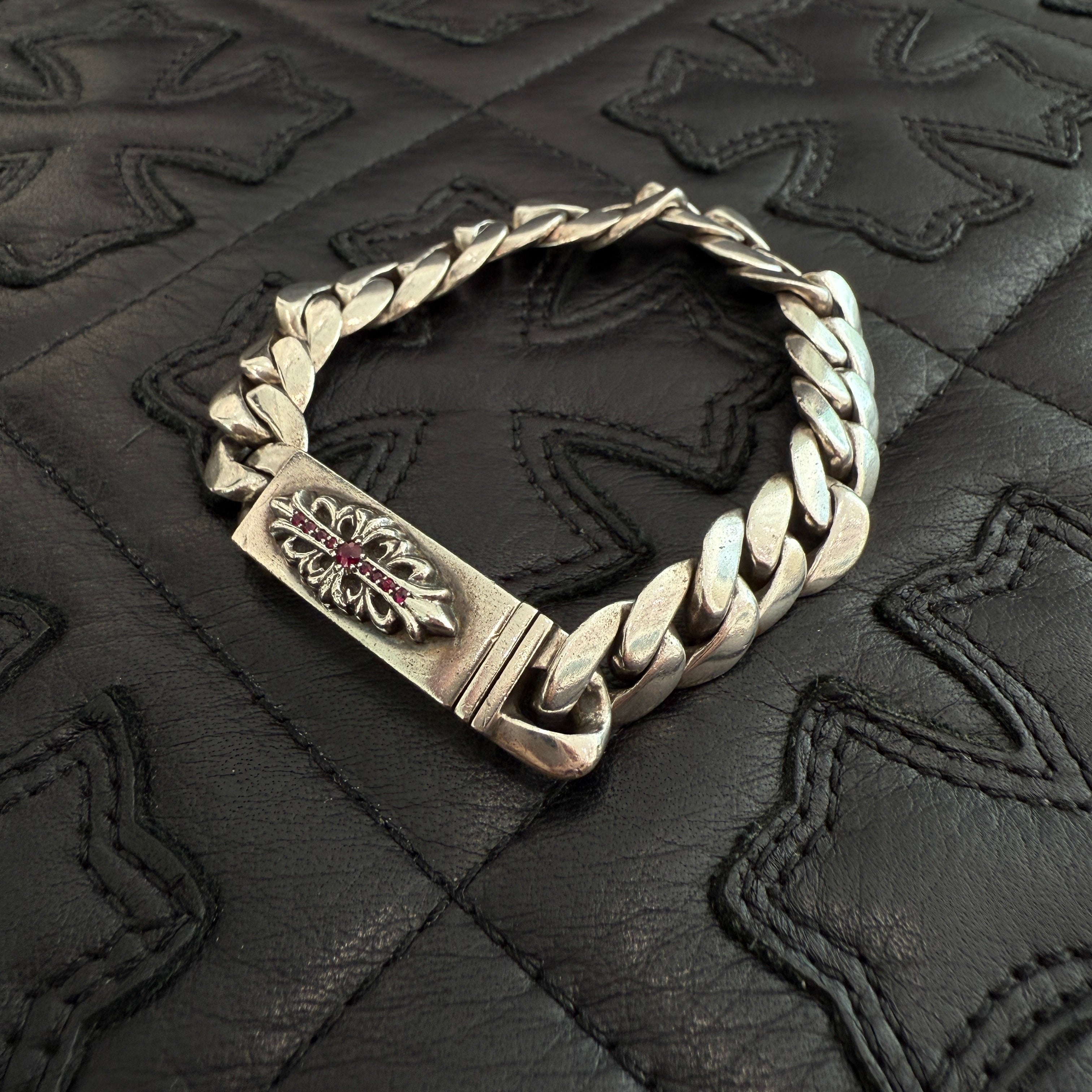 CHROME HEARTS Baby ID Floral Cross Bracelet Pave Ruby 20LINK クロムハーツ ベビー ID フローラルクロス ブレスレット パヴェルビー 20リンク シルバー925