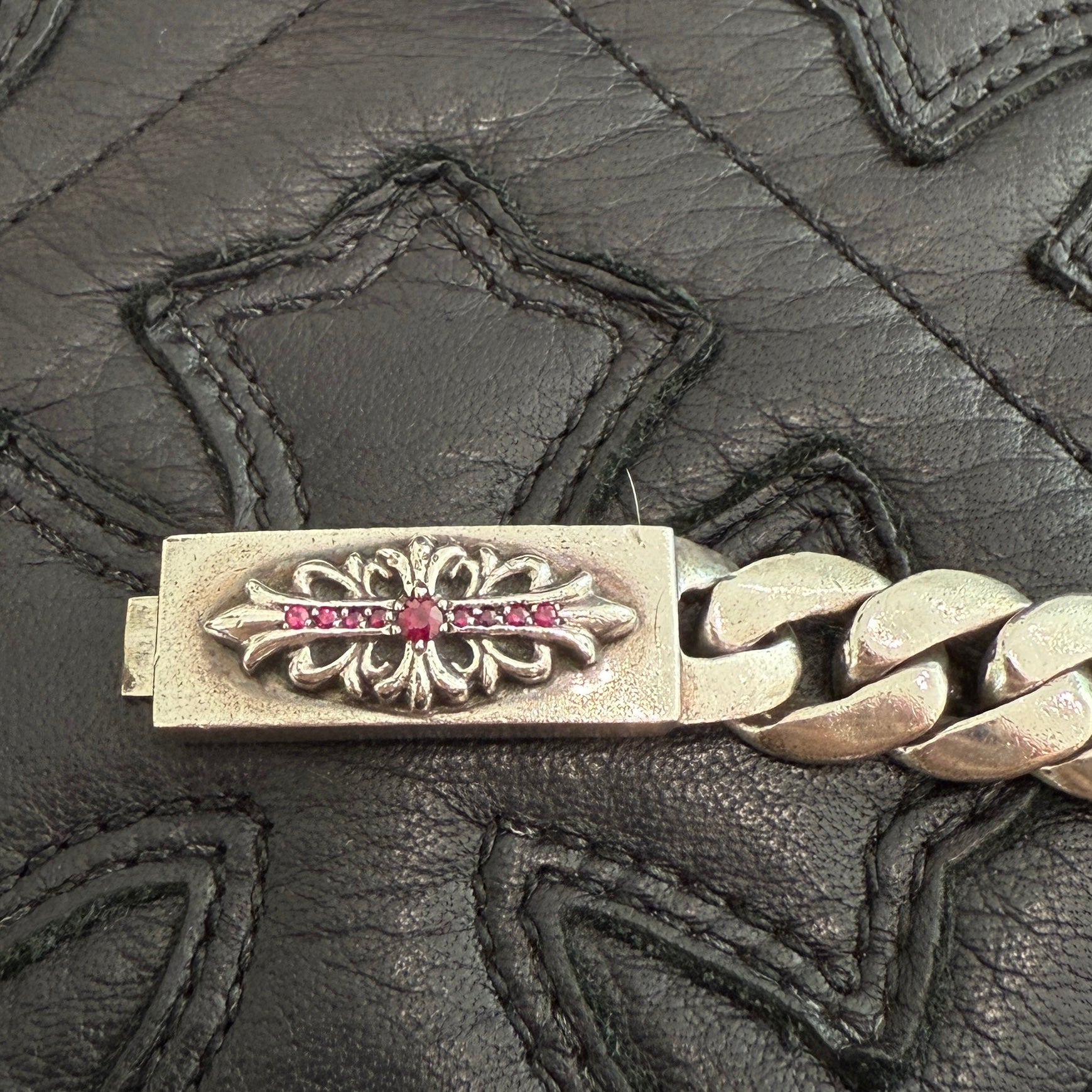 CHROME HEARTS Baby ID Floral Cross Bracelet Pave Ruby 20LINK クロムハーツ ベビー ID フローラルクロス ブレスレット パヴェルビー 20リンク シルバー925