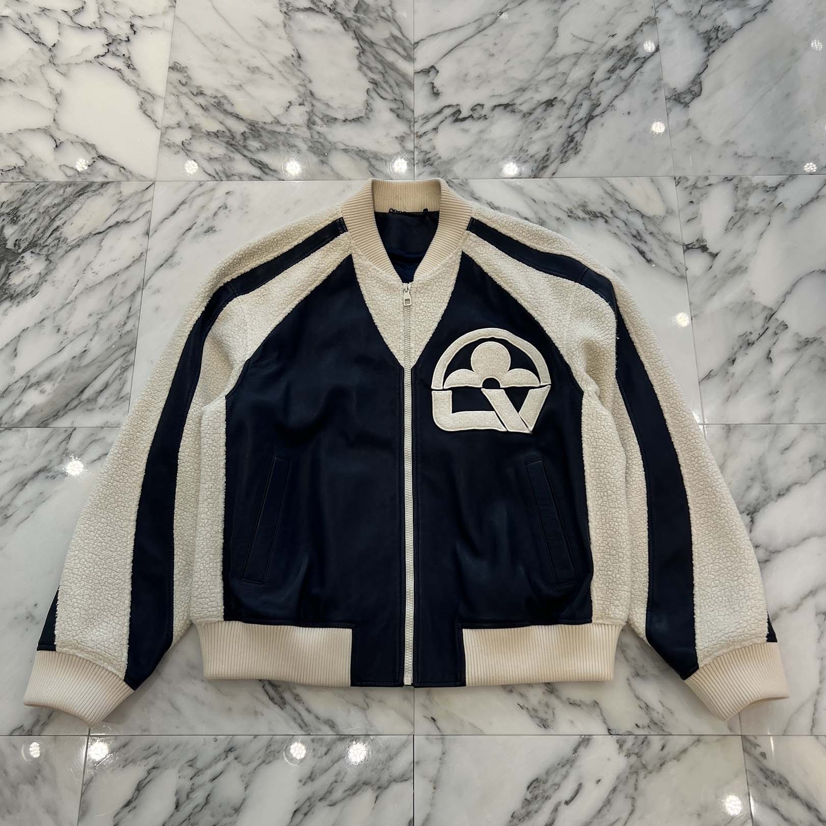 LOUIS VUITTON 2023AW Logo Patch Boa Leather Switching Varsity Jacket HPL06X Size 52 ルイヴィトン ロゴパッチ ボアレザー切替 バーシティジャケット サイズ52