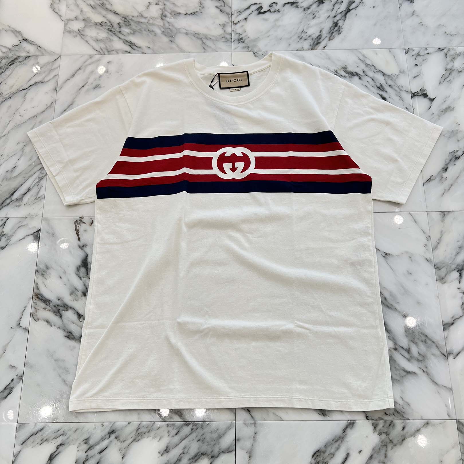 GUCCI 2021SS Interlocking G Stripe Print Cotton Tee 616036 XJDAG Size M グッチ インターロッキングG ストライプ プリント コットンTシャツ サイズM