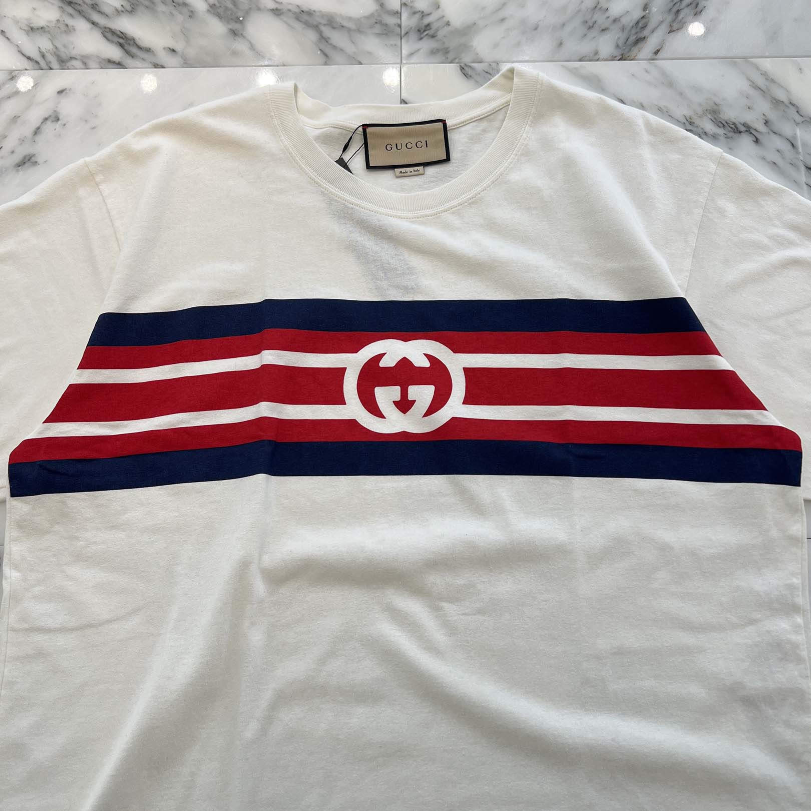 GUCCI 2021SS Interlocking G Stripe Print Cotton Tee 616036 XJDAG Size M グッチ インターロッキングG ストライプ プリント コットンTシャツ サイズM