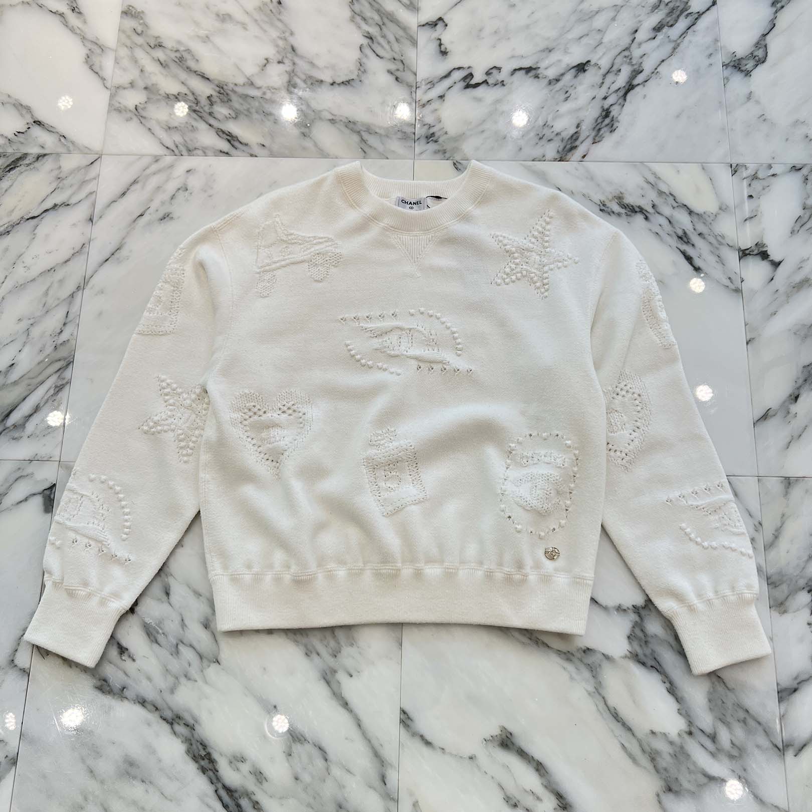 CHANEL Coco Mark Multi Motif Embroidery Knit Sweater Size 36 シャネル ココマーク マルチモチーフ刺繍 ニットセーター サイズ36