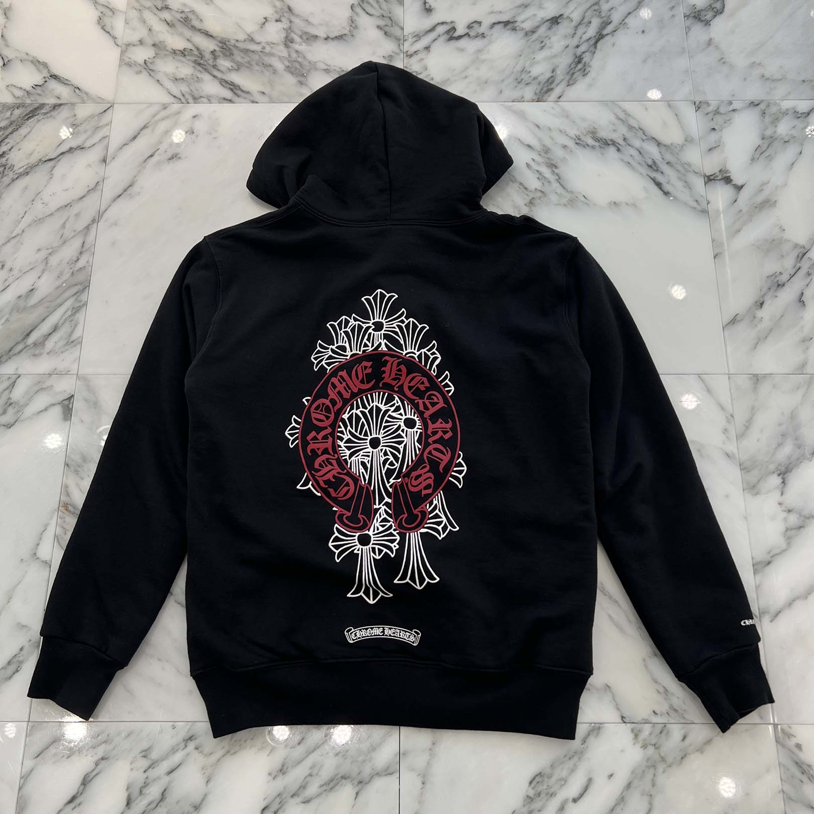CHROME HEARTS Red Horseshoe Cemetery Cross Zip Up Hoodie Size S