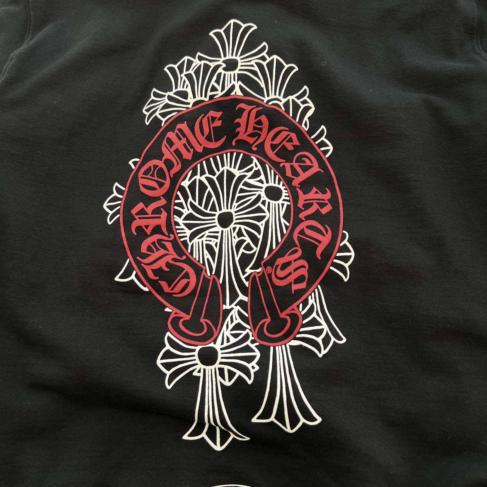 CHROME HEARTS Red Horseshoe Cemetery Cross Zip Up Hoodie Size S