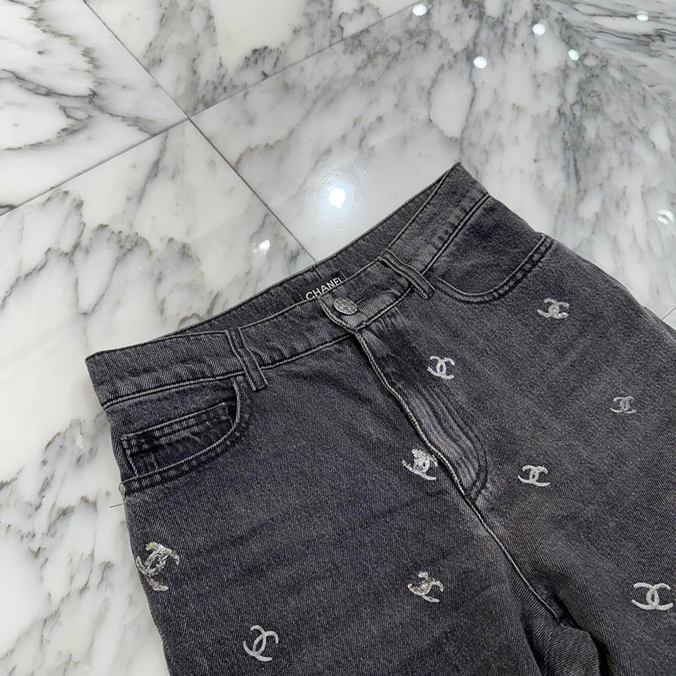 CHANEL Coco Mark Glitter Denim Pants P71639V63193 Size 38 シャネル