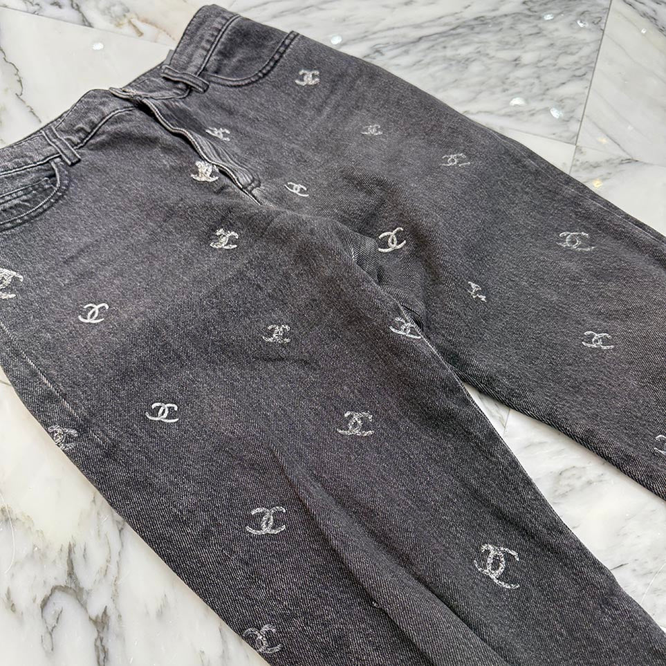 CHANEL Coco Mark Glitter Denim Pants P71639V63193 Size 38 シャネル