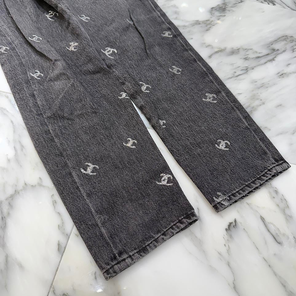 CHANEL Coco Mark Glitter Denim Pants P71639V63193 Size 38 シャネル
