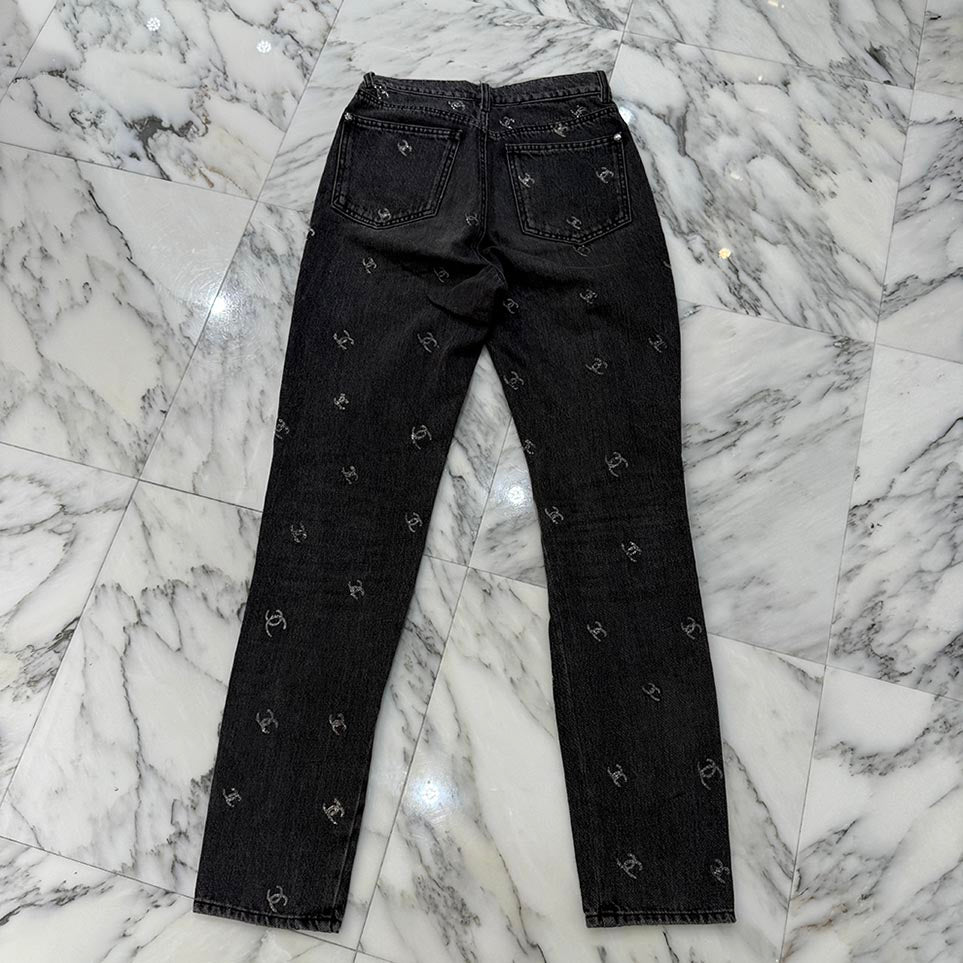 CHANEL Coco Mark Glitter Denim Pants P71639V63193 Size 38 シャネル