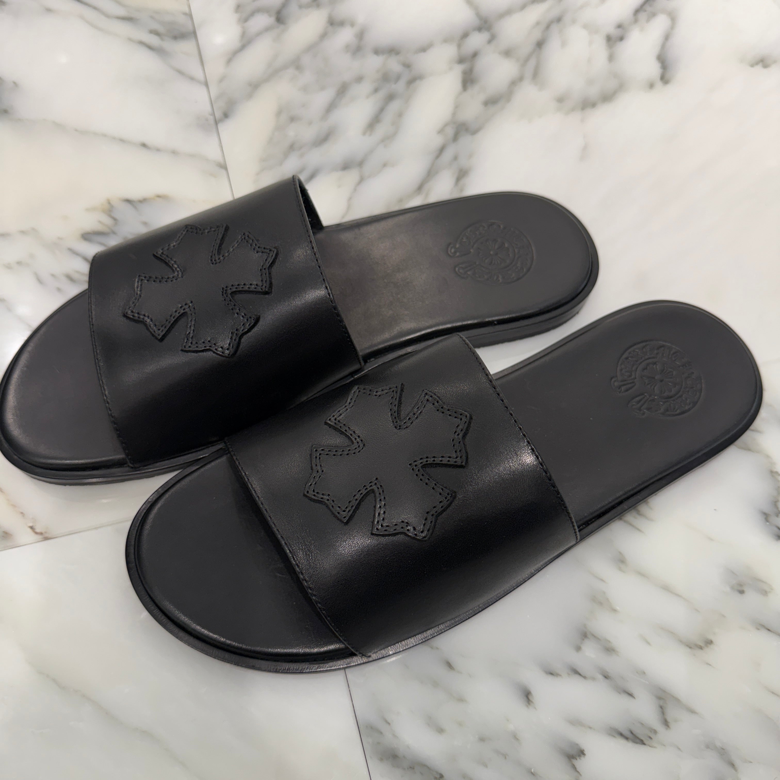 CHROME HEARTS Leather Cross Patch Flat Sandals Size 42 クロム