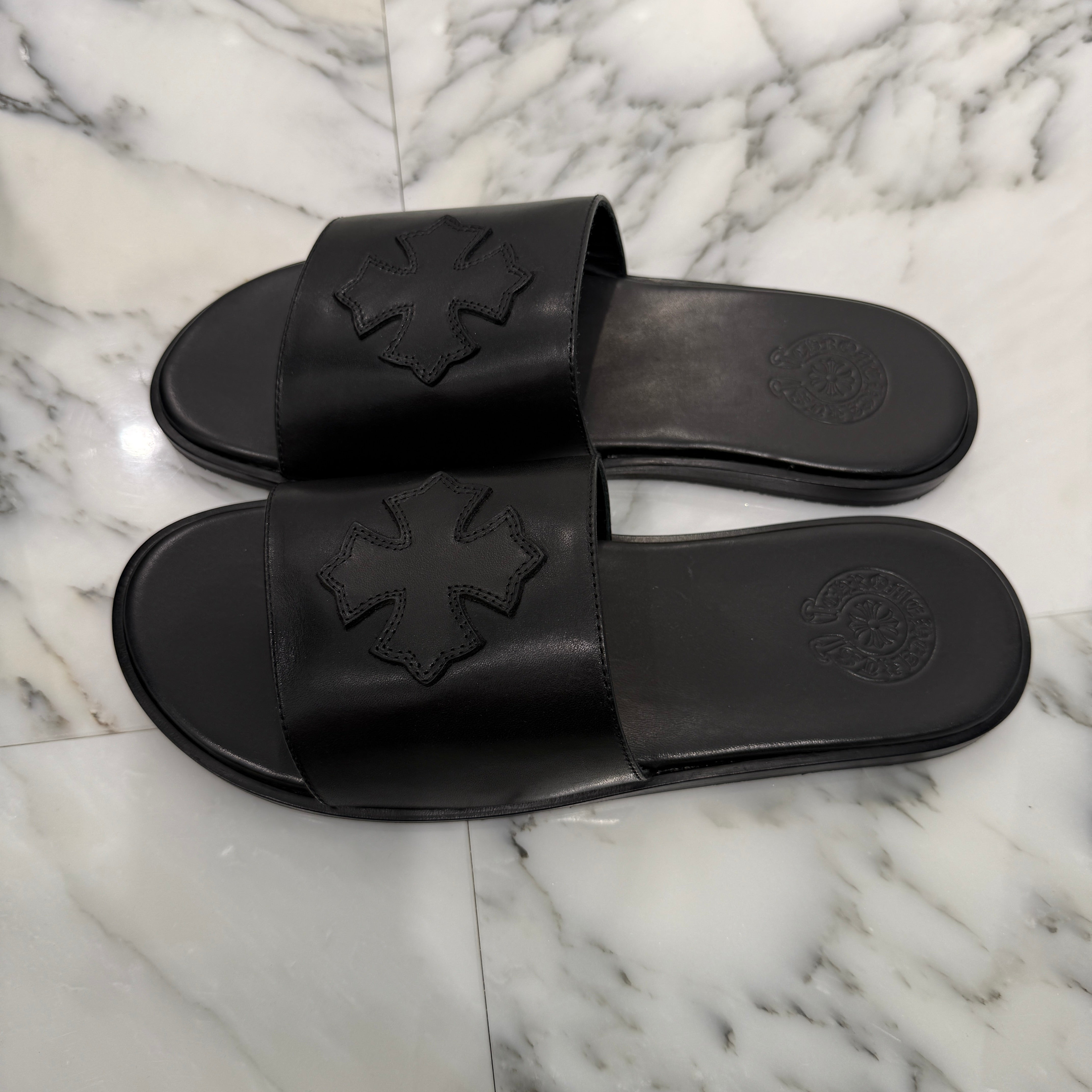 CHROME HEARTS Leather Cross Patch Flat Sandals Size 42 クロムハーツ クロスレザーパッチ フラットサンダル サイズ42
