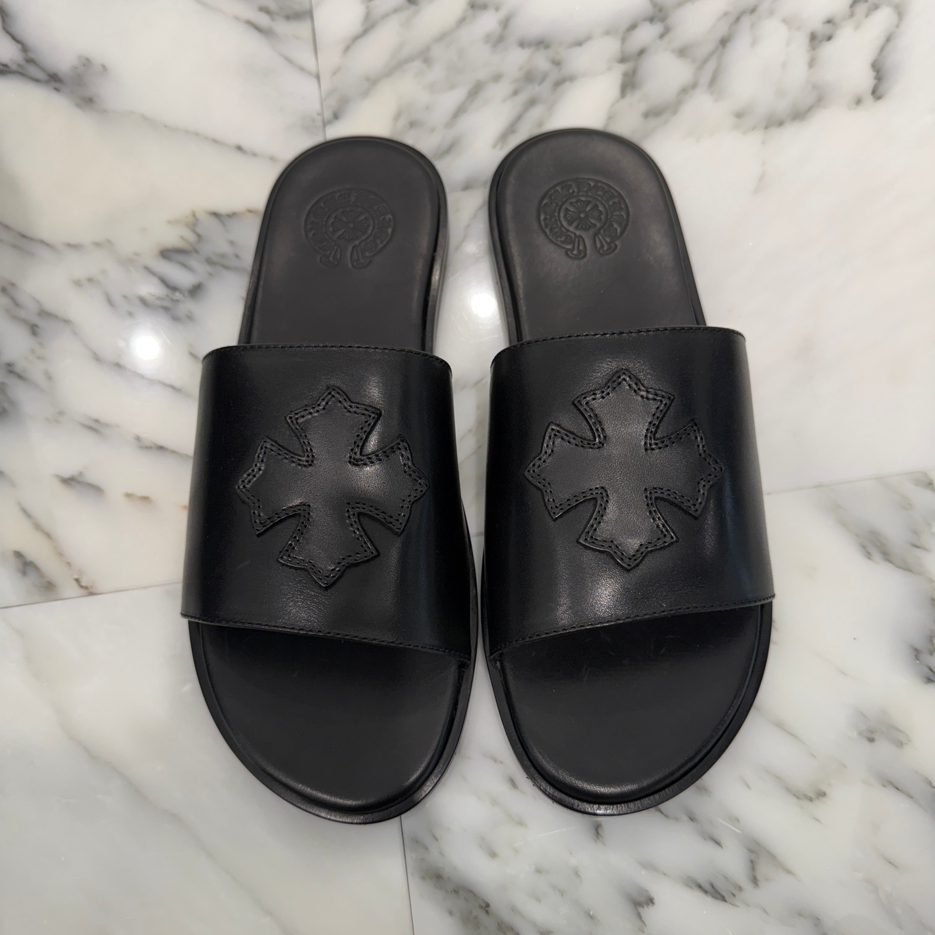CHROME HEARTS Leather Cross Patch Flat Sandals Size 42 クロムハーツ クロスレザーパッチ フラットサンダル サイズ42