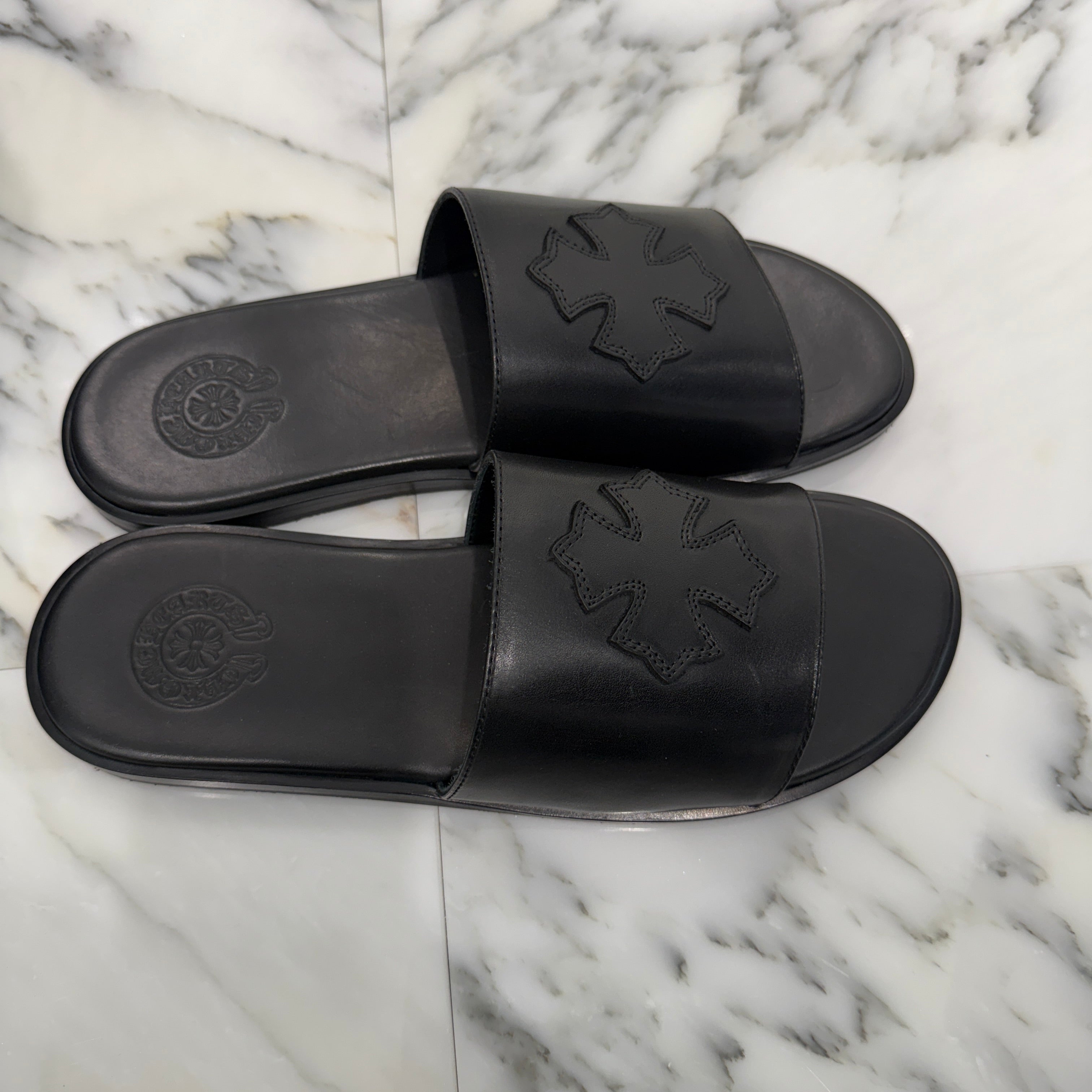 CHROME HEARTS Leather Cross Patch Flat Sandals Size 42 クロムハーツ クロスレザーパッチ フラットサンダル サイズ42