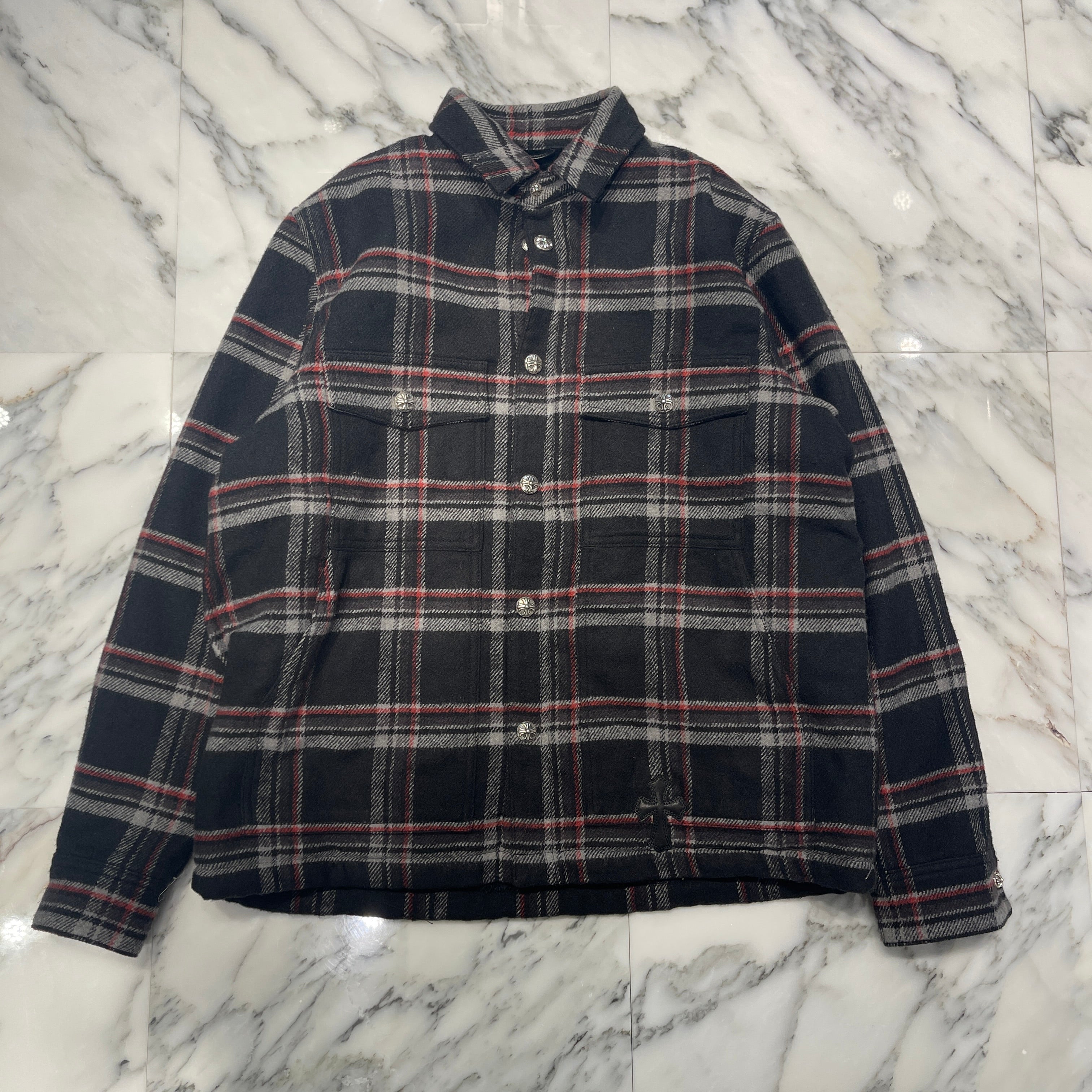 CHROME HEARTS Y NOT Lucky Leather Patch Fleece Boa Check Shirt Jacket Size M クロムハーツ ワイノット ラッキーレザーパッチ フリース 裏地ボア チェックシャツ ジャケット サイズM