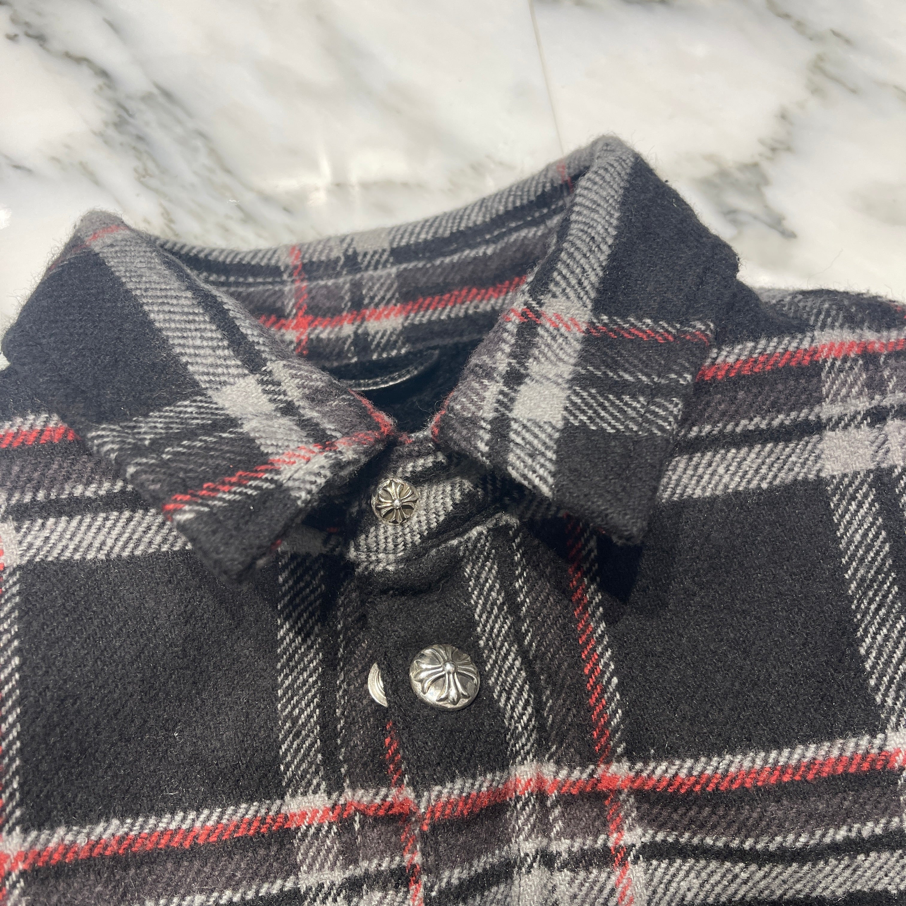 CHROME HEARTS Y NOT Lucky Leather Patch Fleece Boa Check Shirt Jacket Size M クロムハーツ ワイノット ラッキーレザーパッチ フリース 裏地ボア チェックシャツ ジャケット サイズM