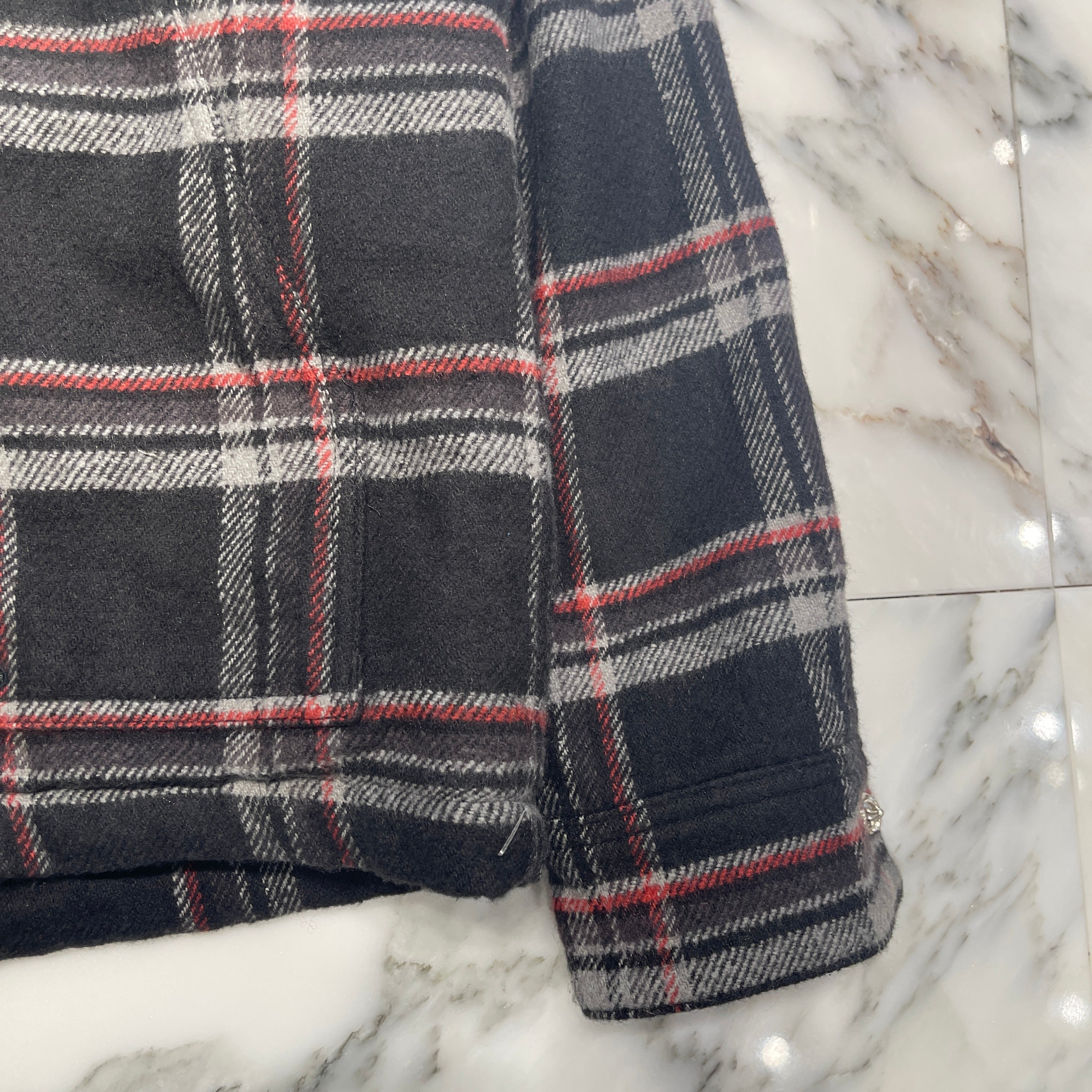 CHROME HEARTS Y NOT Lucky Leather Patch Fleece Boa Check Shirt Jacket Size M クロムハーツ ワイノット ラッキーレザーパッチ フリース 裏地ボア チェックシャツ ジャケット サイズM